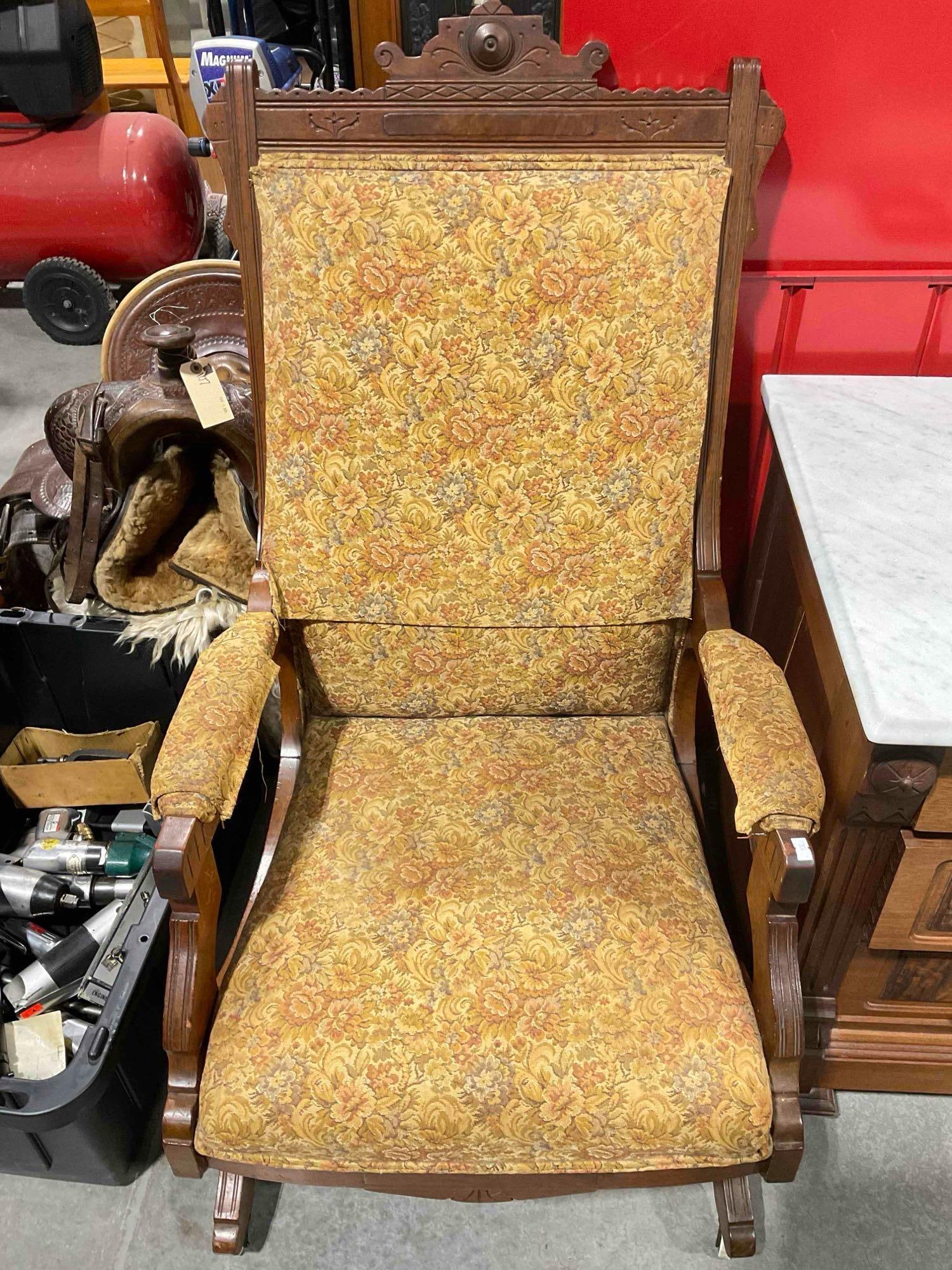 Antique Eastlake Style Carved Wooden Platform Rocking Chair w/ Yellow Floral Upholstery. See pics. (1 of 6)