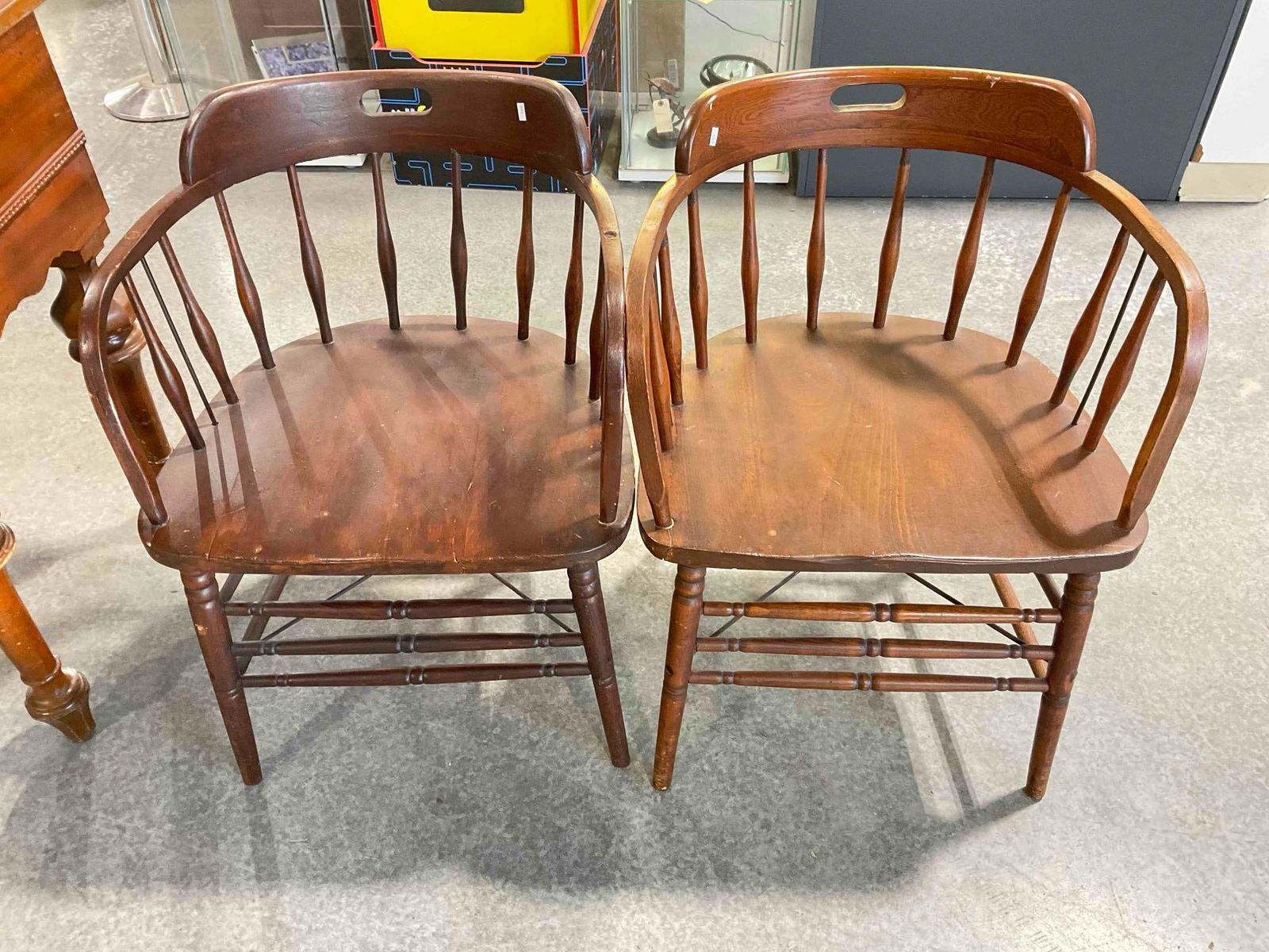 Pair of Handsome Antique Oak? Barrel Back Captain's Pub Chairs. Very Good Condition. See pics. (1 of 8)