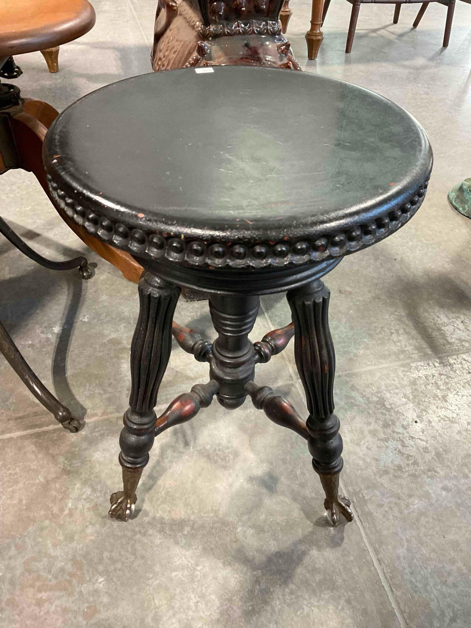 Antique TONK Ebonized Wood Adjustable Height Piano Stool w/ Clawed Glass Ball Feet. See pics. (1 of 6)