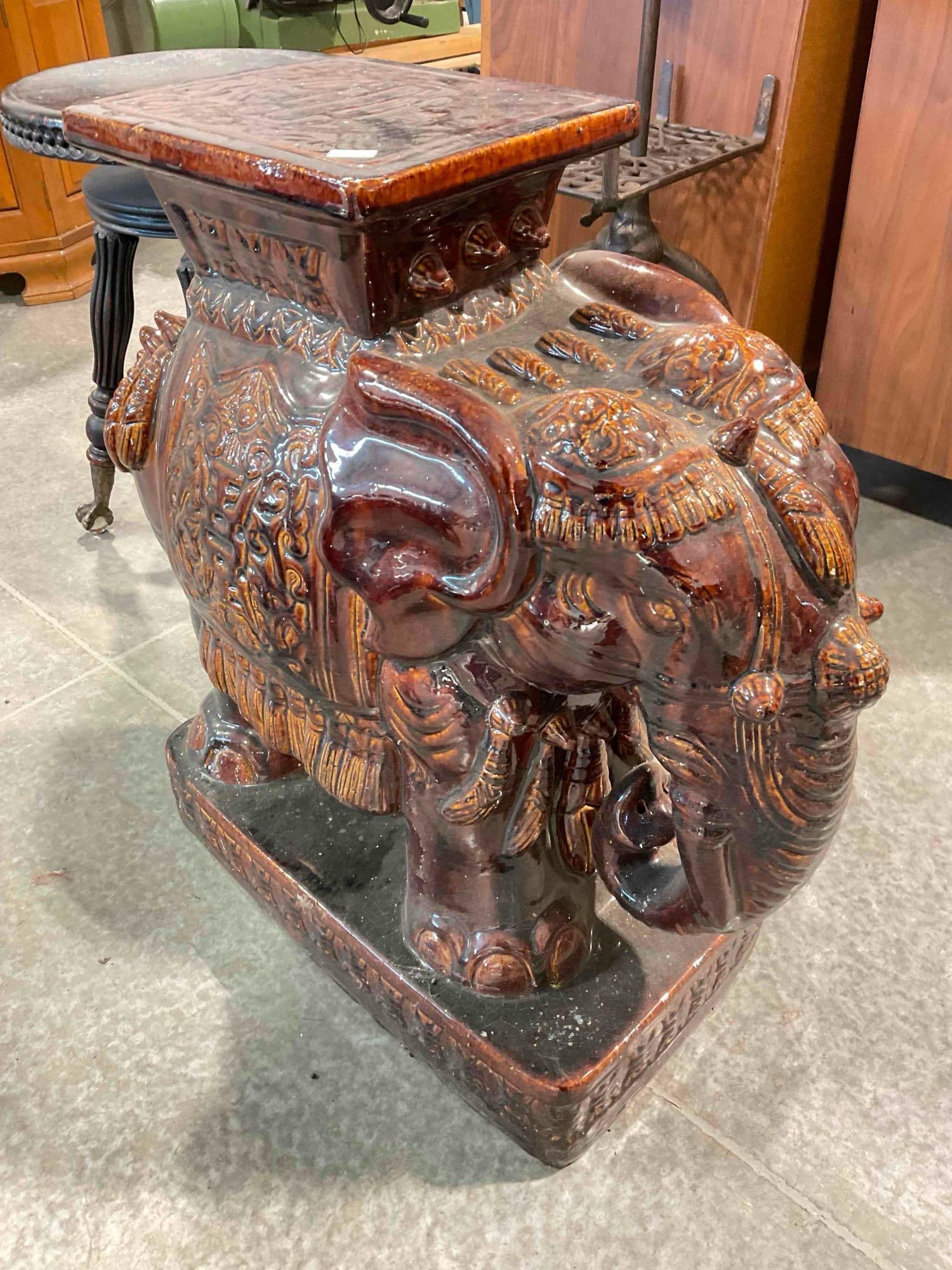 Vintage Brown Glazed Ceramic Asian Elephant Figural Planter Stand. Good Condition. See pics. - 2