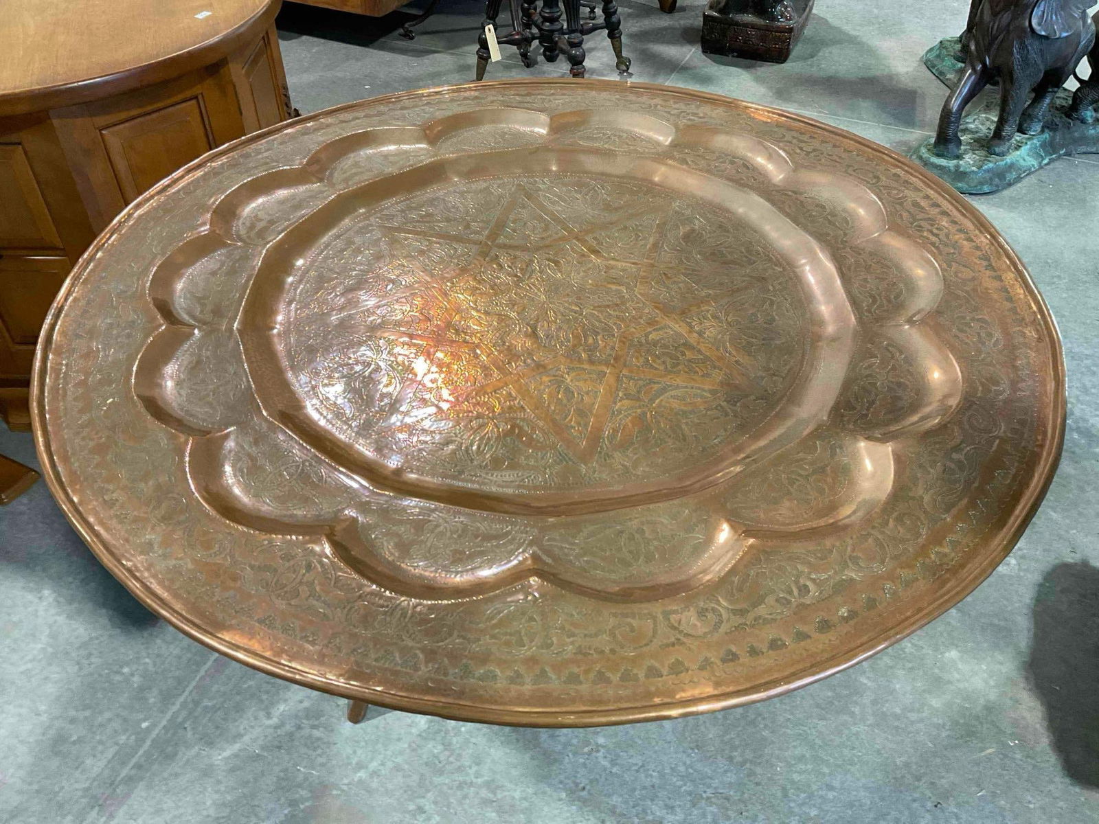 Copper Coffee Table w/ Vintage Moroccan Embossed Copper Dish Tabletop. Excellent Condition. (1 of 5)