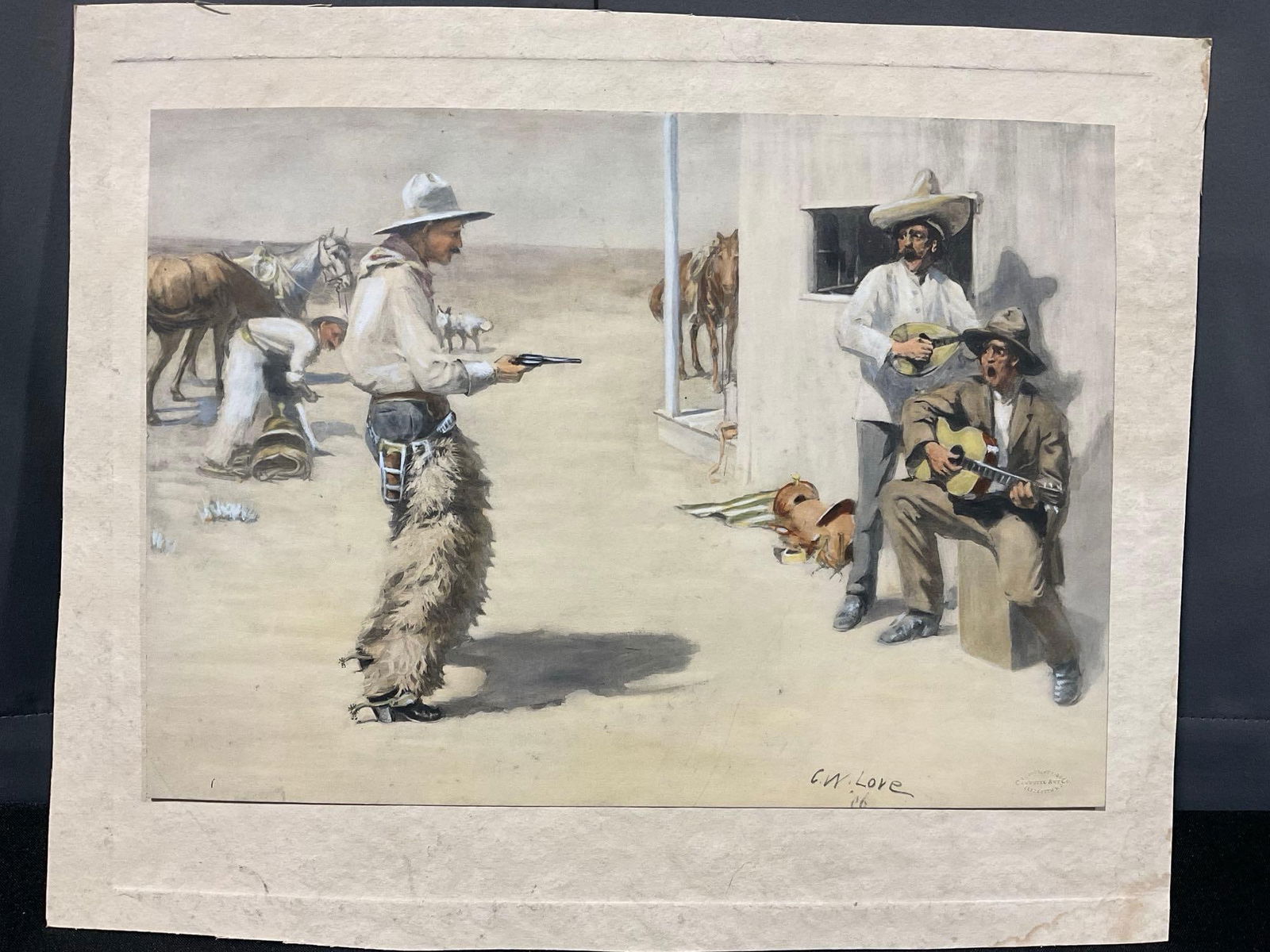 Antique Signed Unframed Print, Signed C.W. Love, Copyright 1906, Campbell Art Co, 14x18 inches: Appears to be in good shape. The print is adhered to the backing which measures approx 14h x 18w x 1d inches. See pics. E-5370 