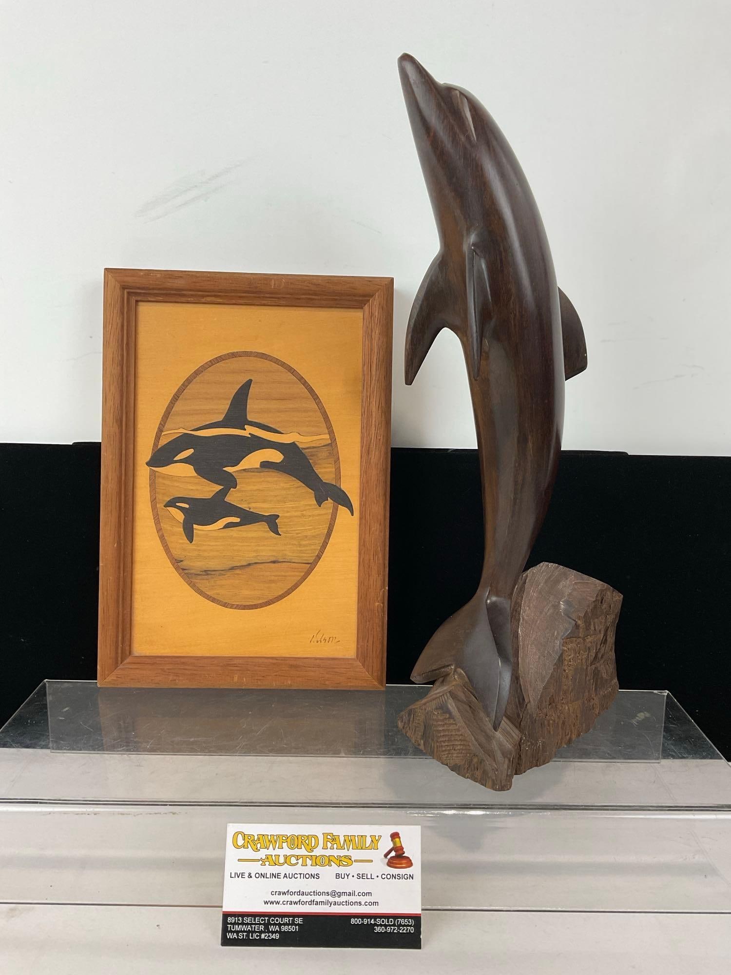 Framed Orca Marquetry Piece, & Dark Hardwood Carved Dolphin Statue, together, 14h x 8w x 5d inches (1 of 6)