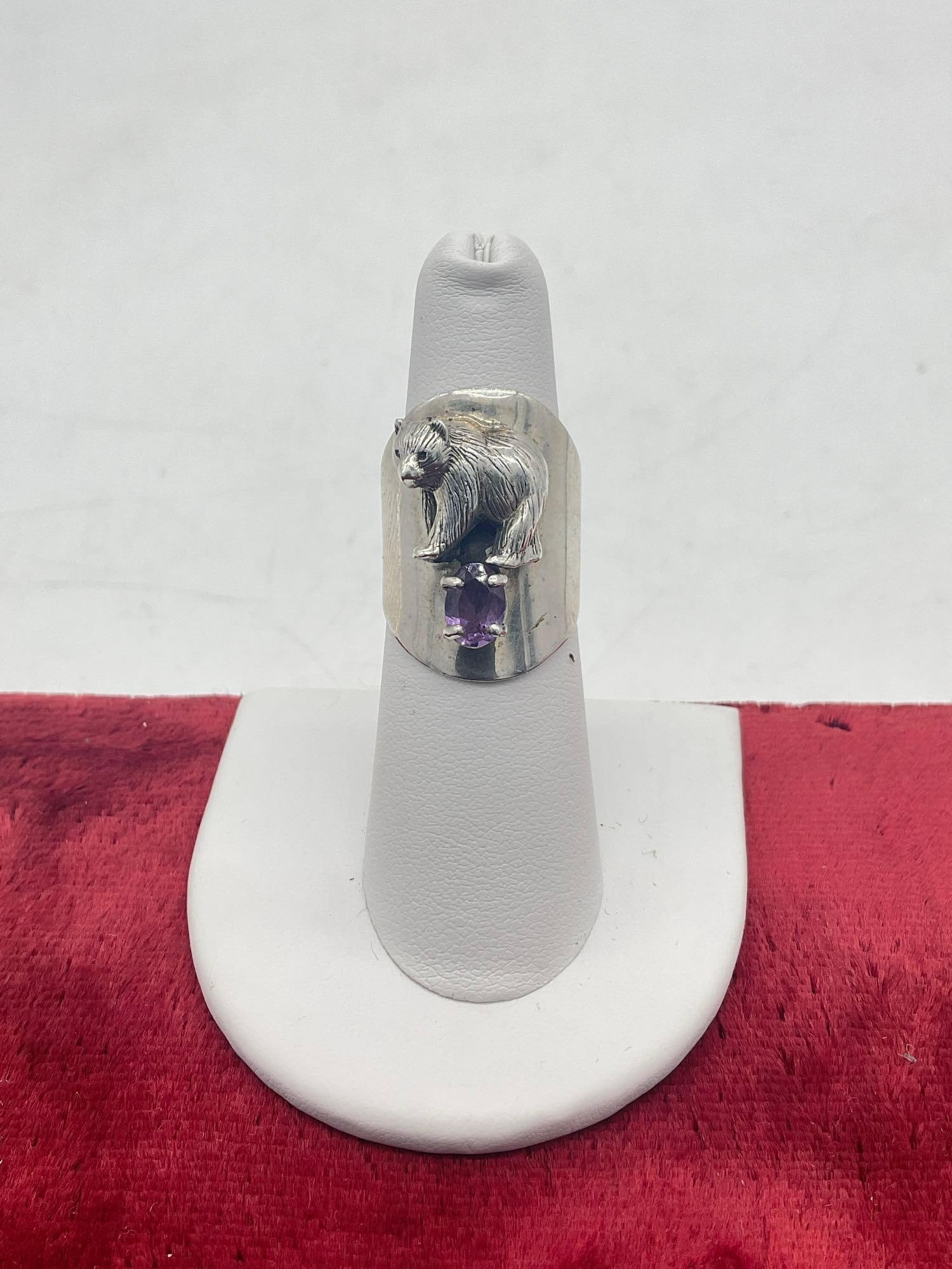 Carol Felley 91' N.A. design signed sz 6.5 sterling silver Bear ring w/ purple stone setting: Jc-5320 