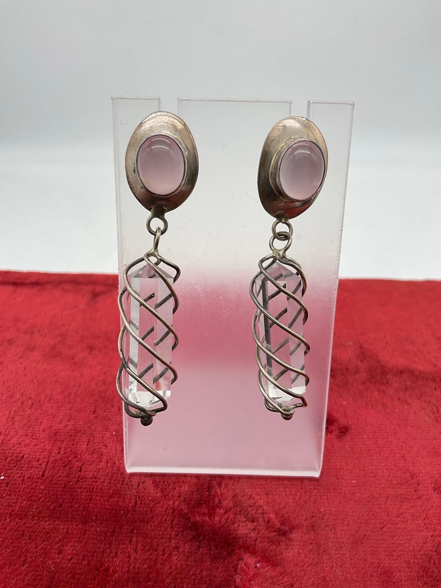 Vintage Native American sterling silver earrings w/ pink quartz and crystal, signed AS (1 of 4)