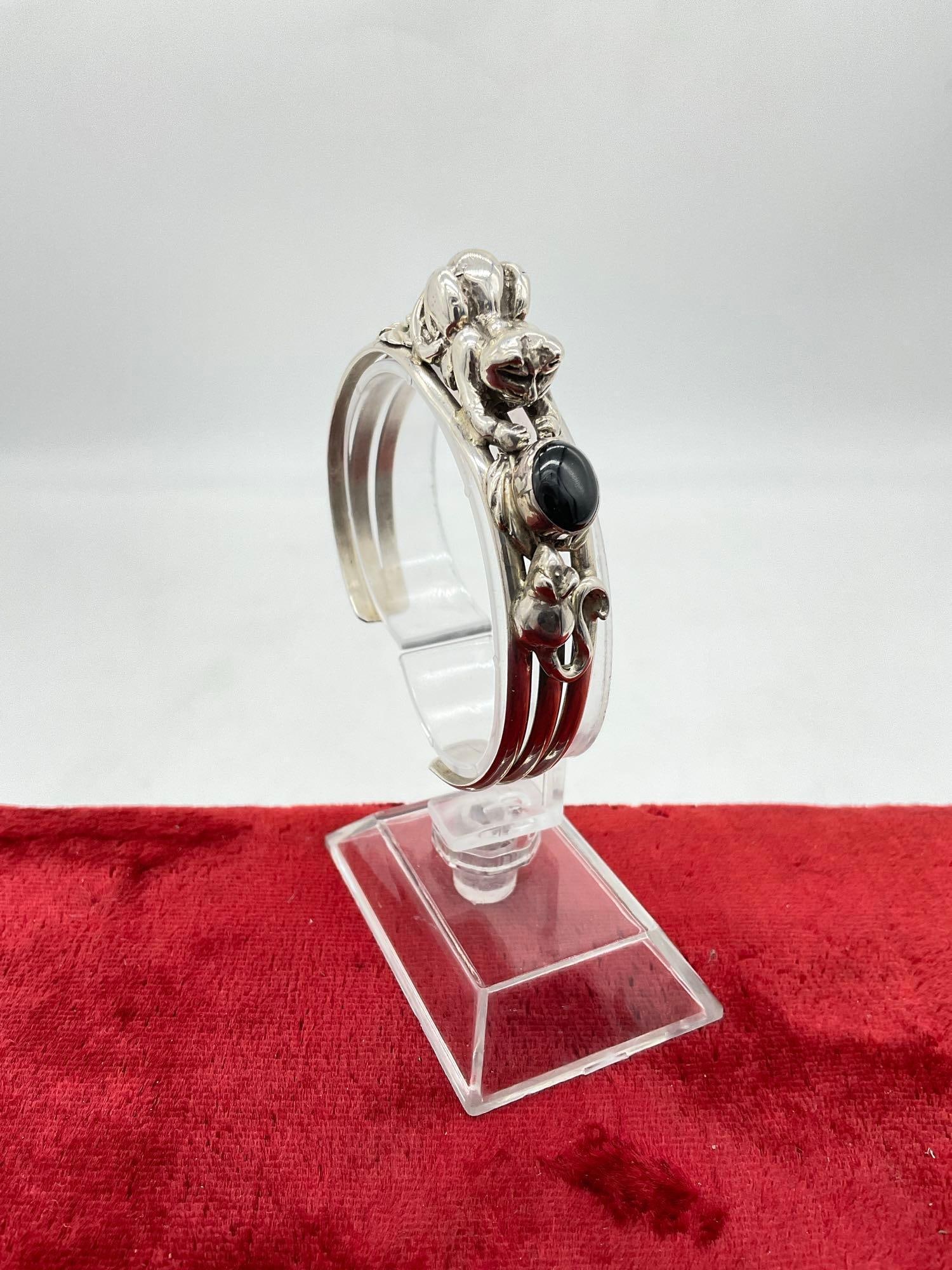 Vintage sterling silver Carol Felley unmarked Cat & Mouse onyx bracelet in N.A. SW styling - 2