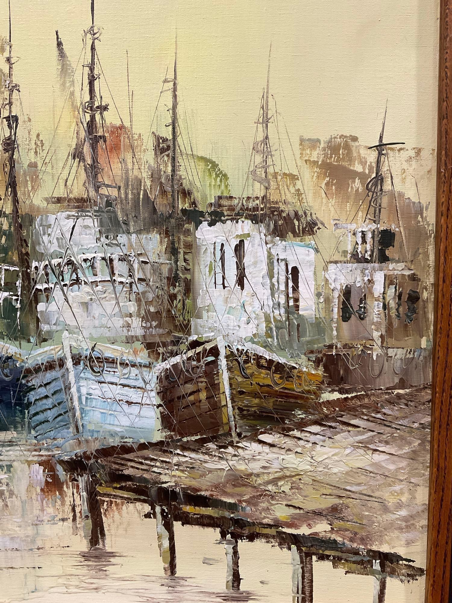 Framed Oil on Canvas Signed Abstract Harbor Scene Painting, by Roy Pasanault, 26h x 38w x 3d inches - 2