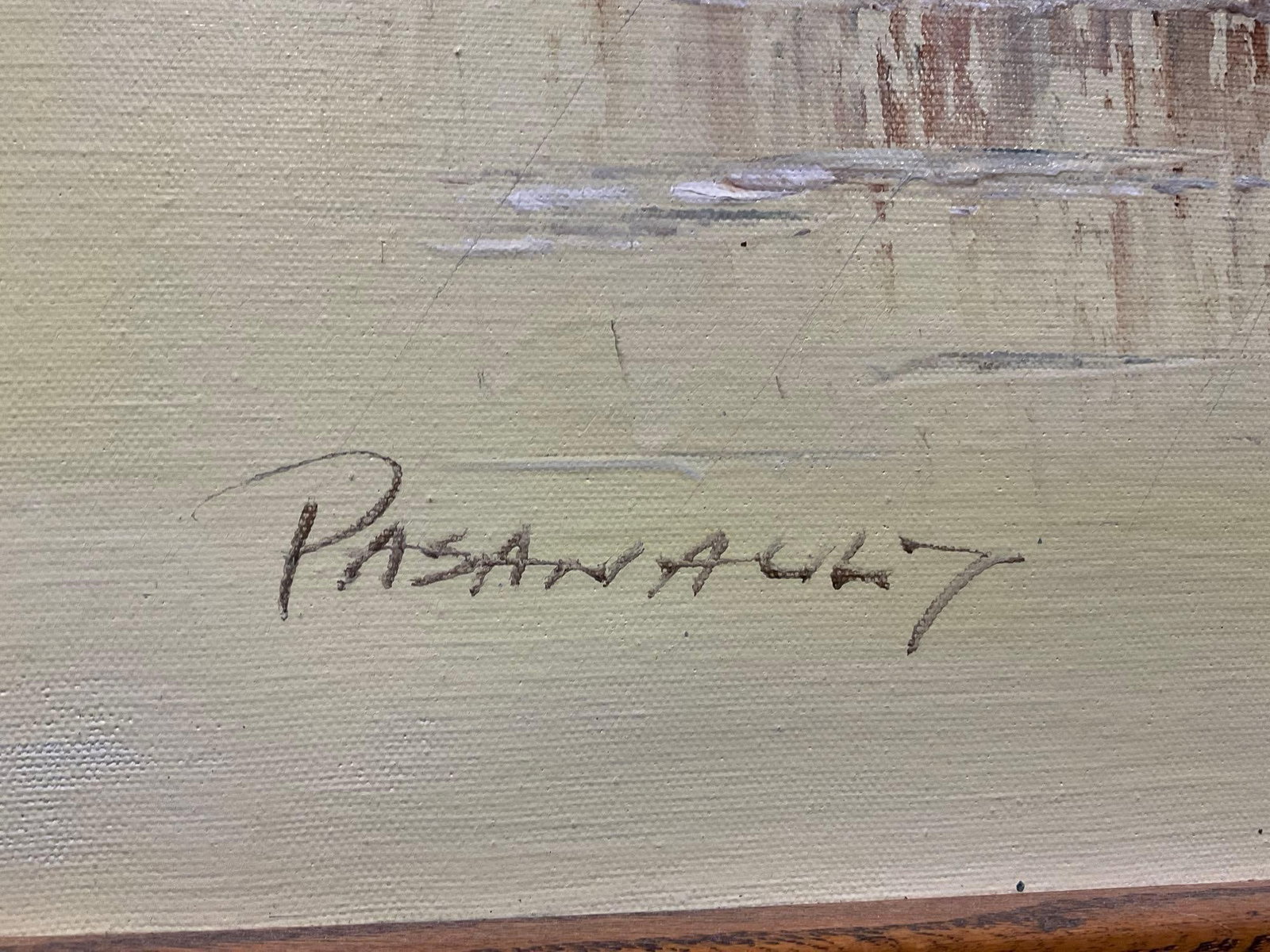 Framed Oil on Canvas Signed Abstract Harbor Scene Painting, by Roy Pasanault, 26h x 38w x 3d inches - 4