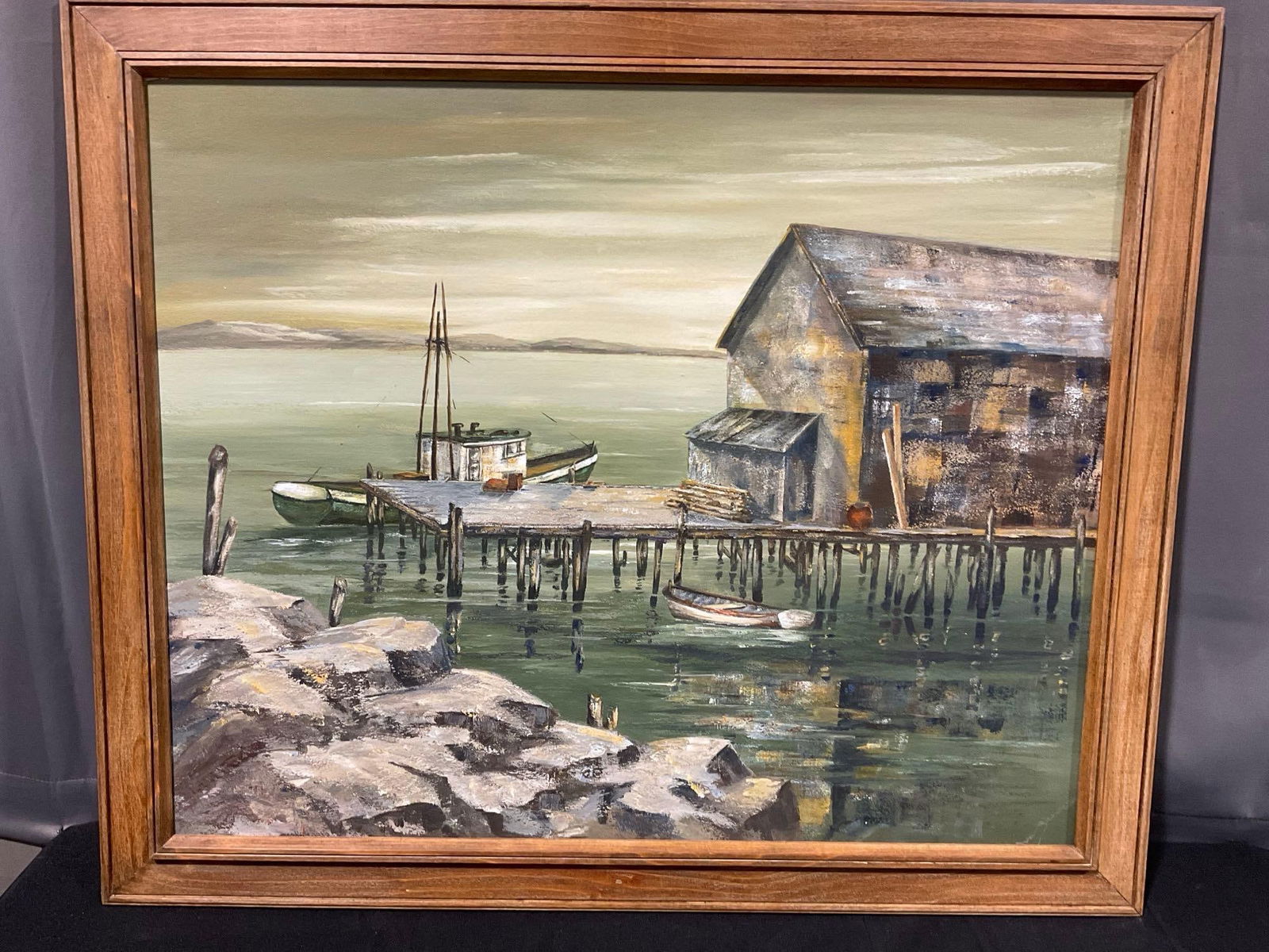 Vintage Oil on Canvas Painting, Harbor Scene, 31h x 37w x 3d inches (1 of 7)