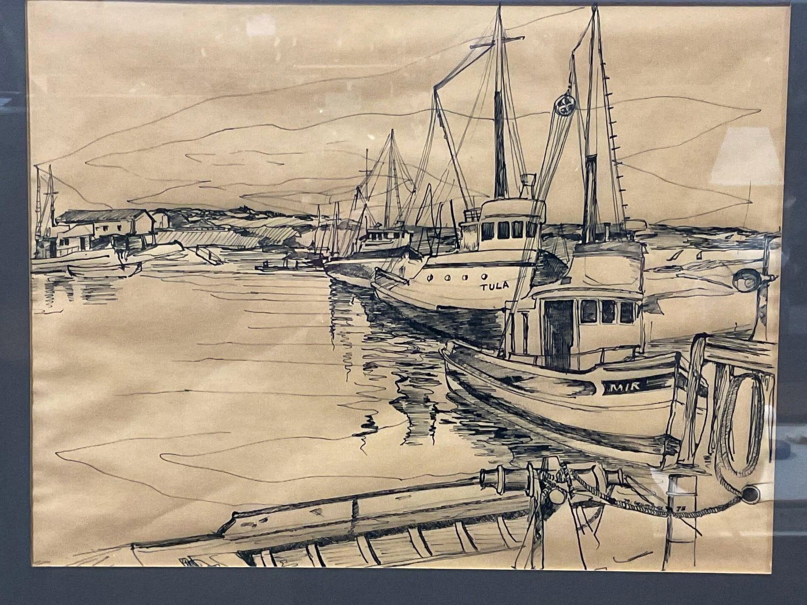Framed Pen Illustration, Signed M. Grumm (?) 1978, 20h x 23w x 3d inches, Brown Paper, Harbor Scene (1 of 6)