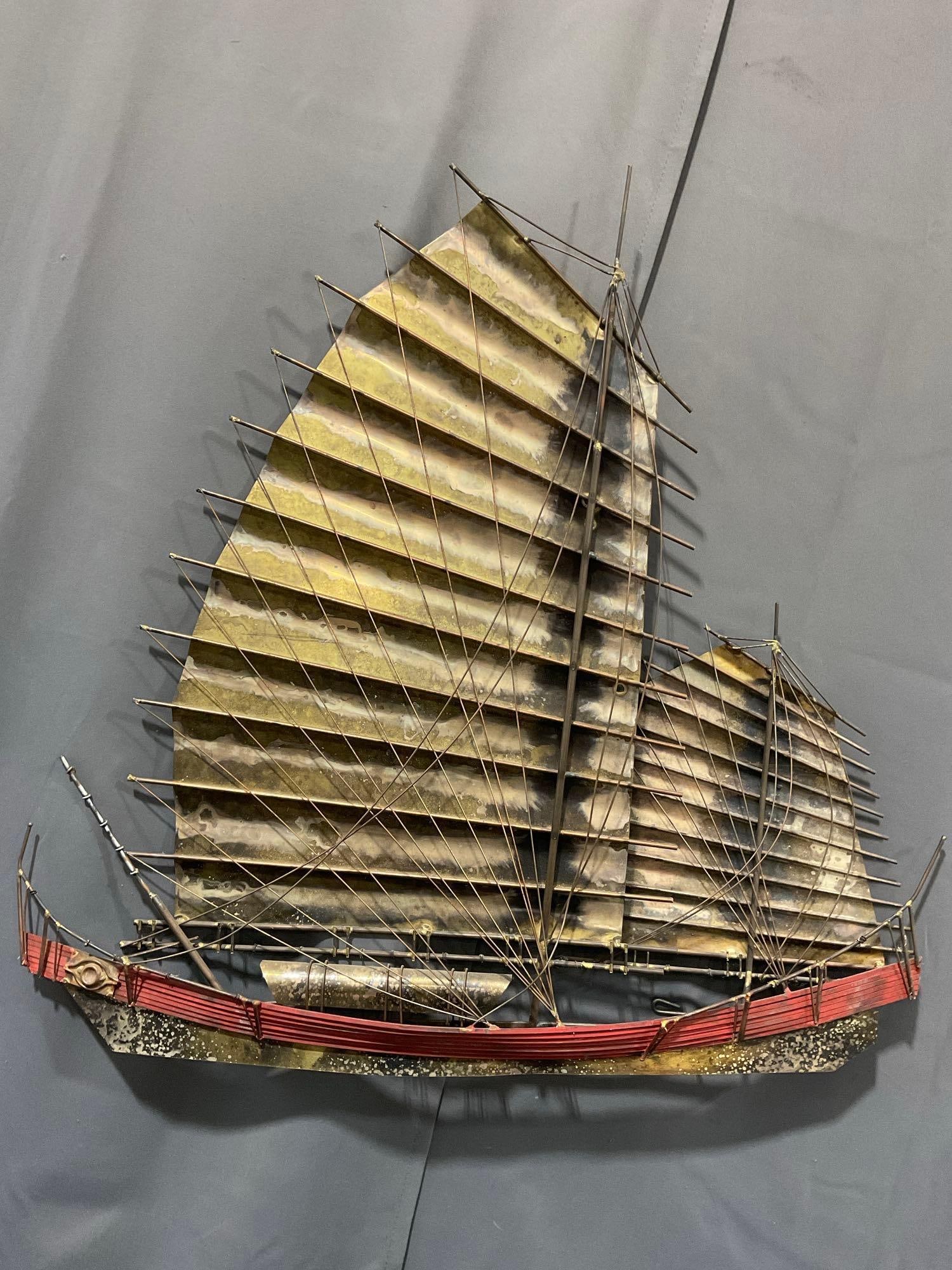 Mid Century Curtis Jere Brass and Copper Chinese junk ship sculpture art piece / wall hanging (1 of 7)