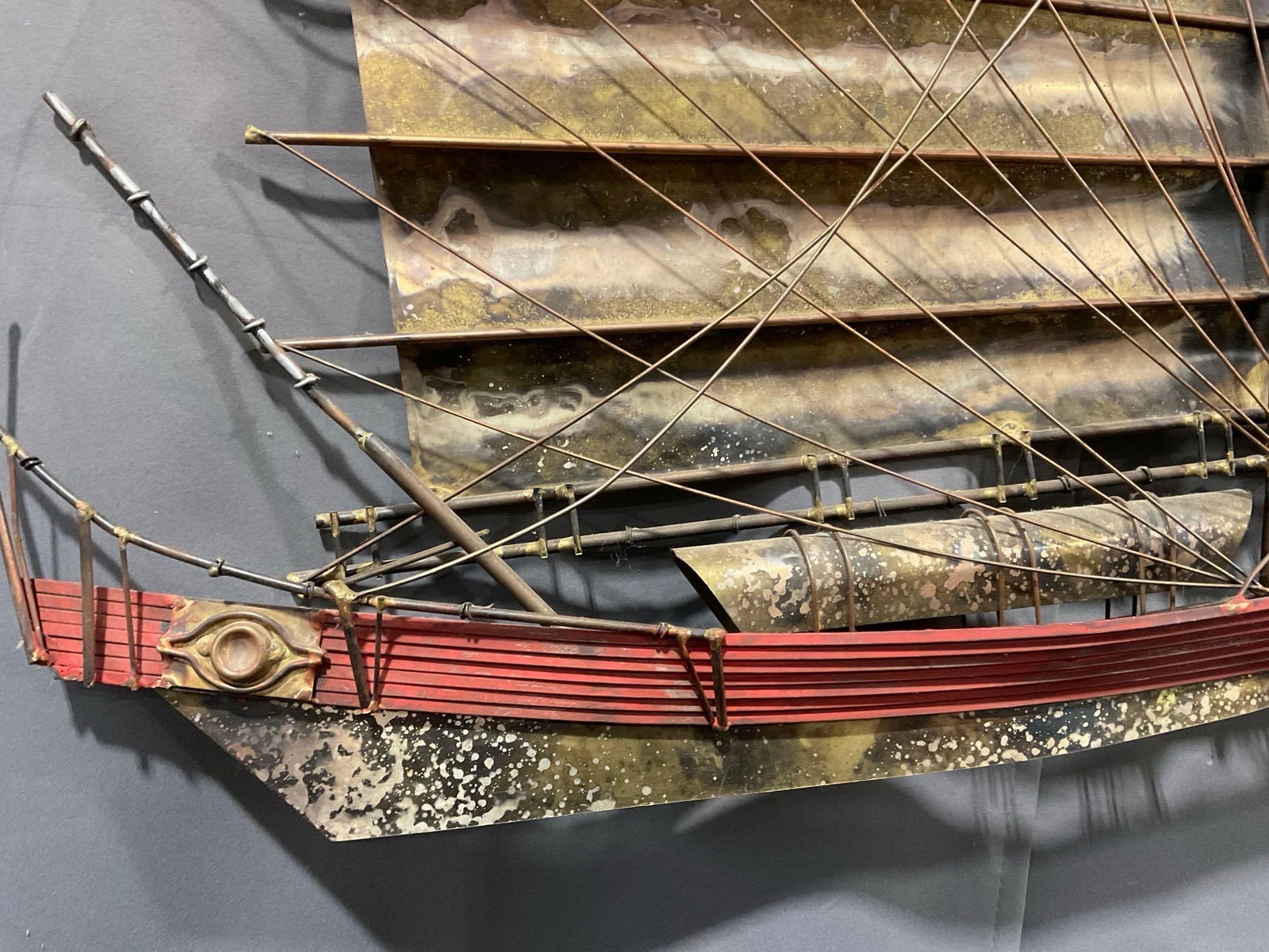 Mid Century Curtis Jere Brass and Copper Chinese junk ship sculpture art piece / wall hanging - 4