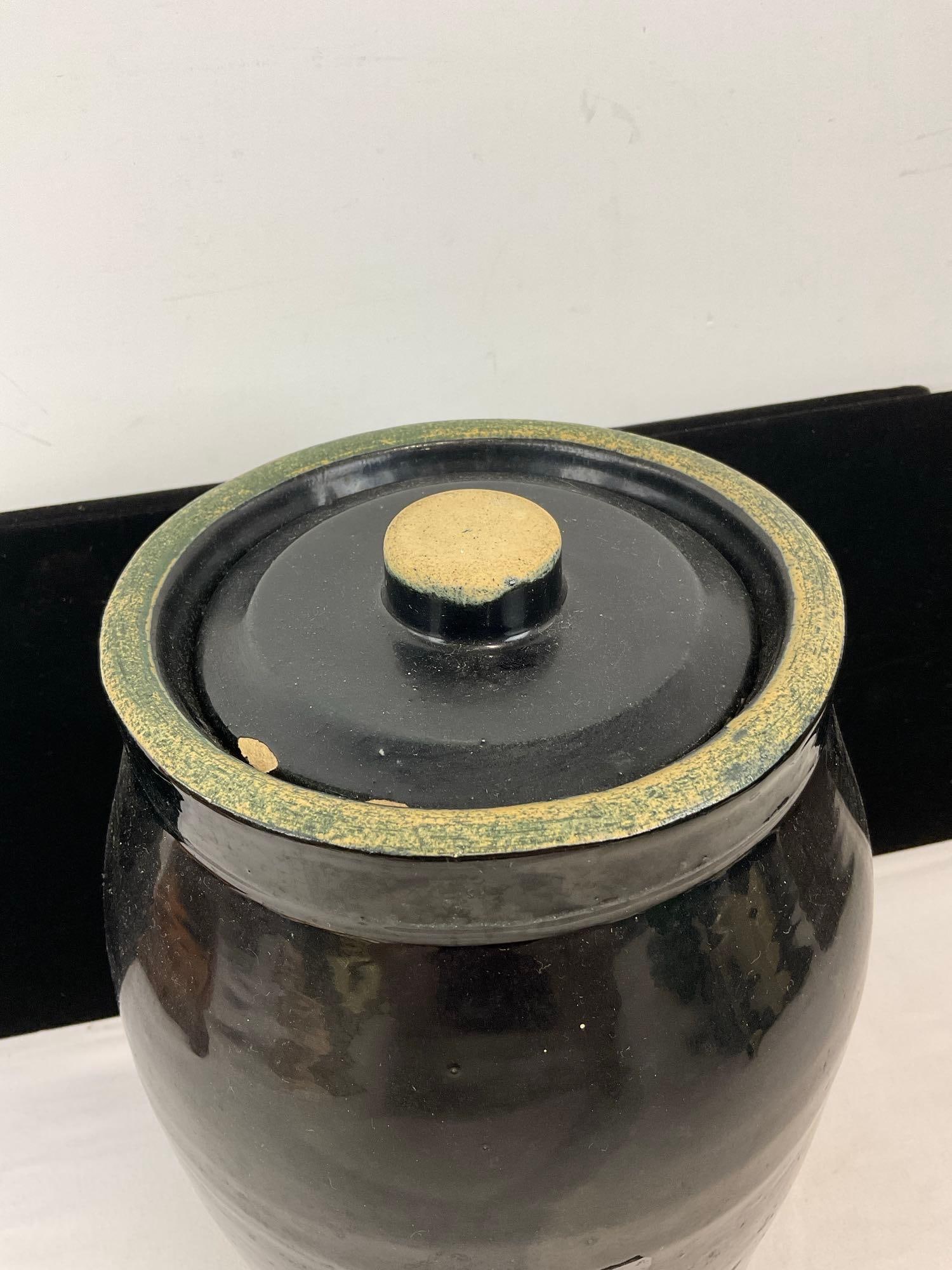 Vintage Dark Black Glazed Stoneware Crock w/ Lid, 11h x 8w x 8d inches - 2
