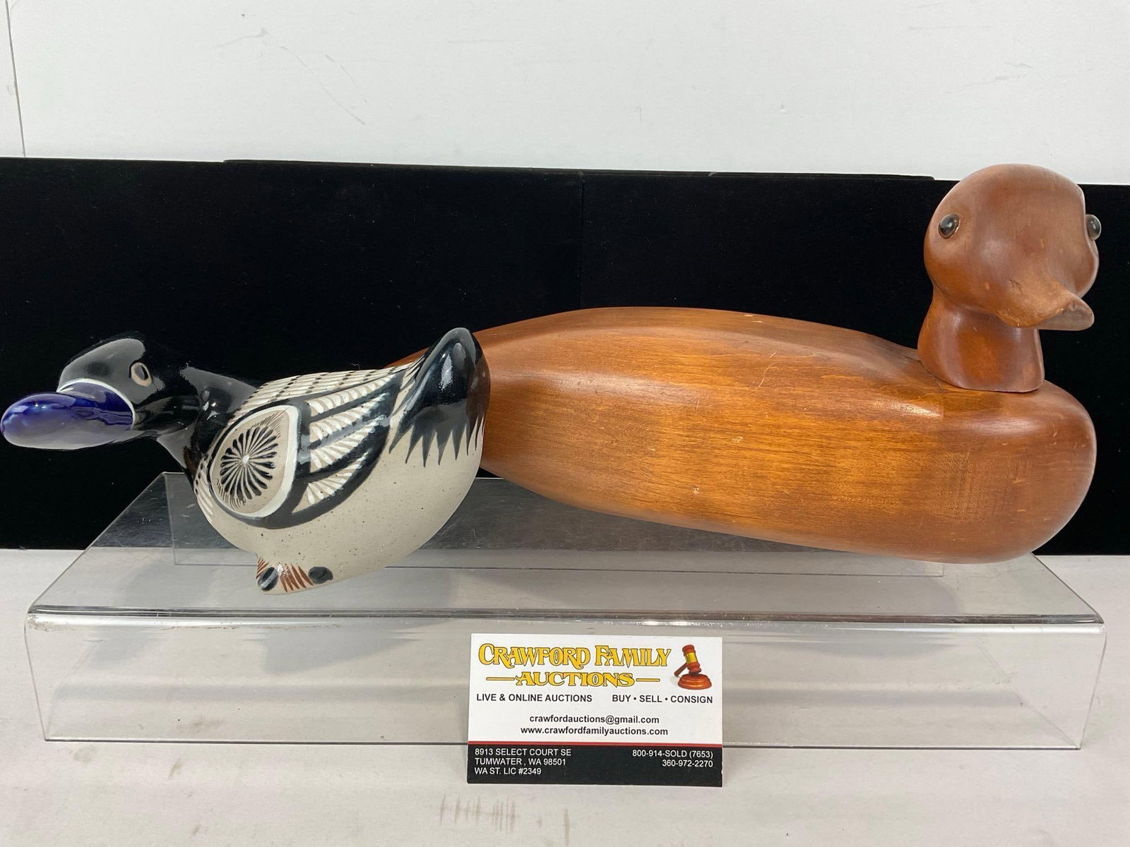 Wooden Carved Duck & Tonala Mexican Glazed Pottery duck, Black/White w/ Cobalt Blue Bill: Appears to be in good shape. The pieces fit in a box that measures approx 5h x 12w x 12d inches. See pics. E-4880 