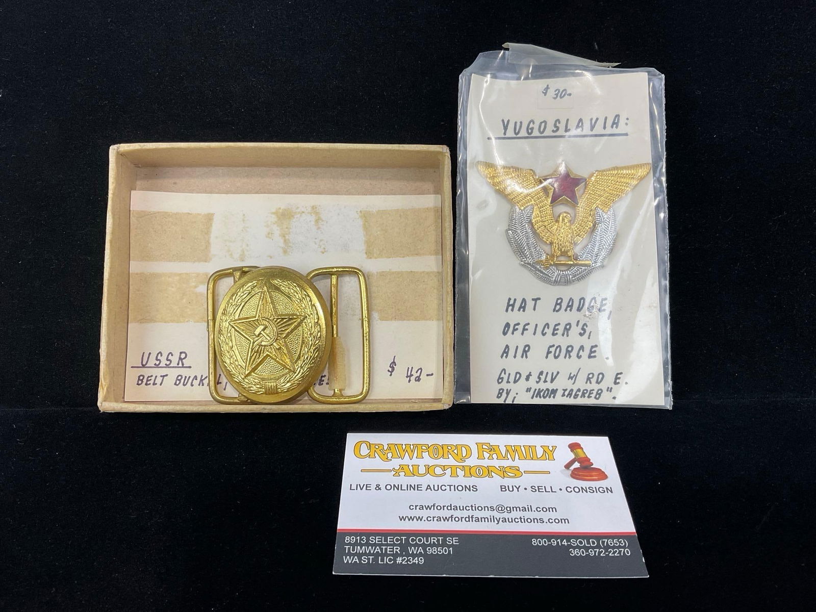 Vintage Yugoslavian Officers Air Force Hat Badge, Gold & Silver tone metal & USSR Brass Belt Buckle: All from a single collection, these are briefly described on the tag and were kept in a display. They measure approx 6h x 3w x 2d inches. See pics. E-5300 
