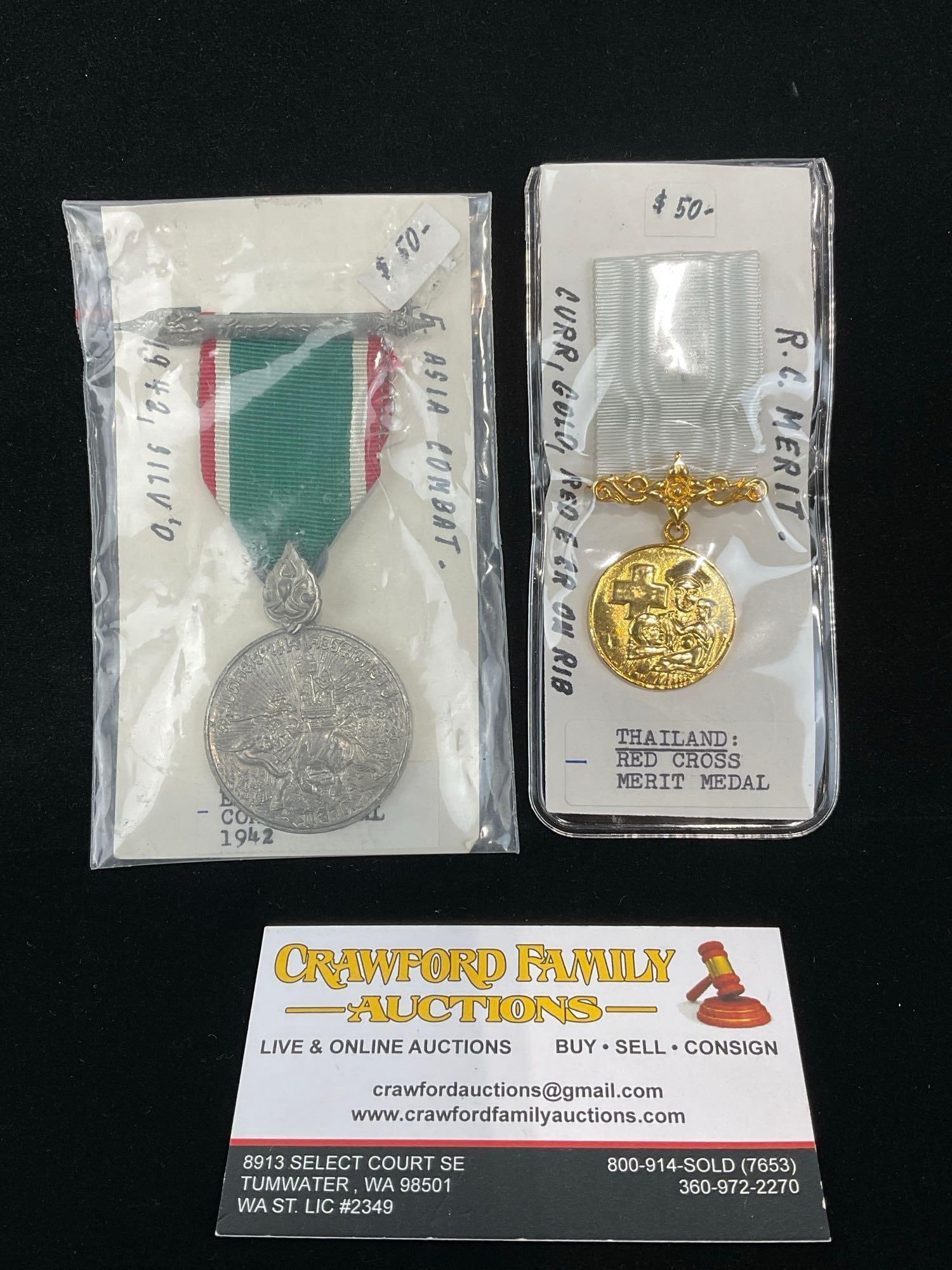 2 Thailand Medals, 1990s Red Cross Merit & East Asia Combat Medal 1942: All from a single collection, these are briefly described on the tag and were kept in a display. They measure approx 6h x 3w x 2d inches. See pics. E-5300 
