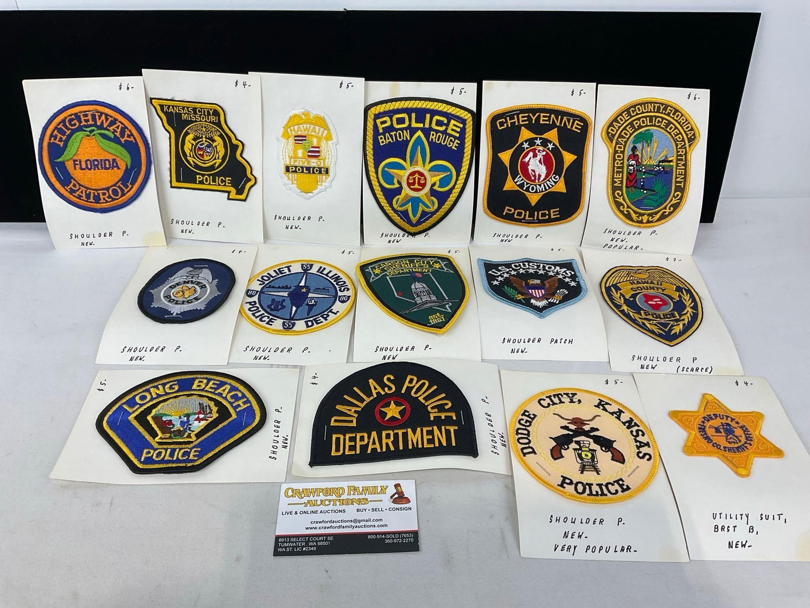 15 Police & Highway Patrol Patches, inc. Long Beach, Florida, KC Missouri, Hawaii, US Customs & m...: All from a single collection, these are briefly described on the tag and were kept in a display. They measure approx 6h x 3w x 2d inches. See pics. E-5300 