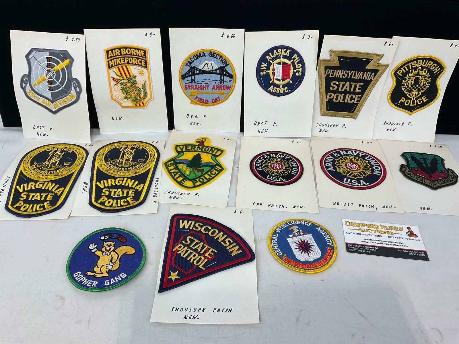 15 Patches, State Police, Virginia, Penn, Vermont, Army & Navy Union, CIA, Airborne, TAC, & more: All from a single collection, these are briefly described on the tag and were kept in a display. They measure approx 6h x 3w x 2d inches. See pics. E-5300 