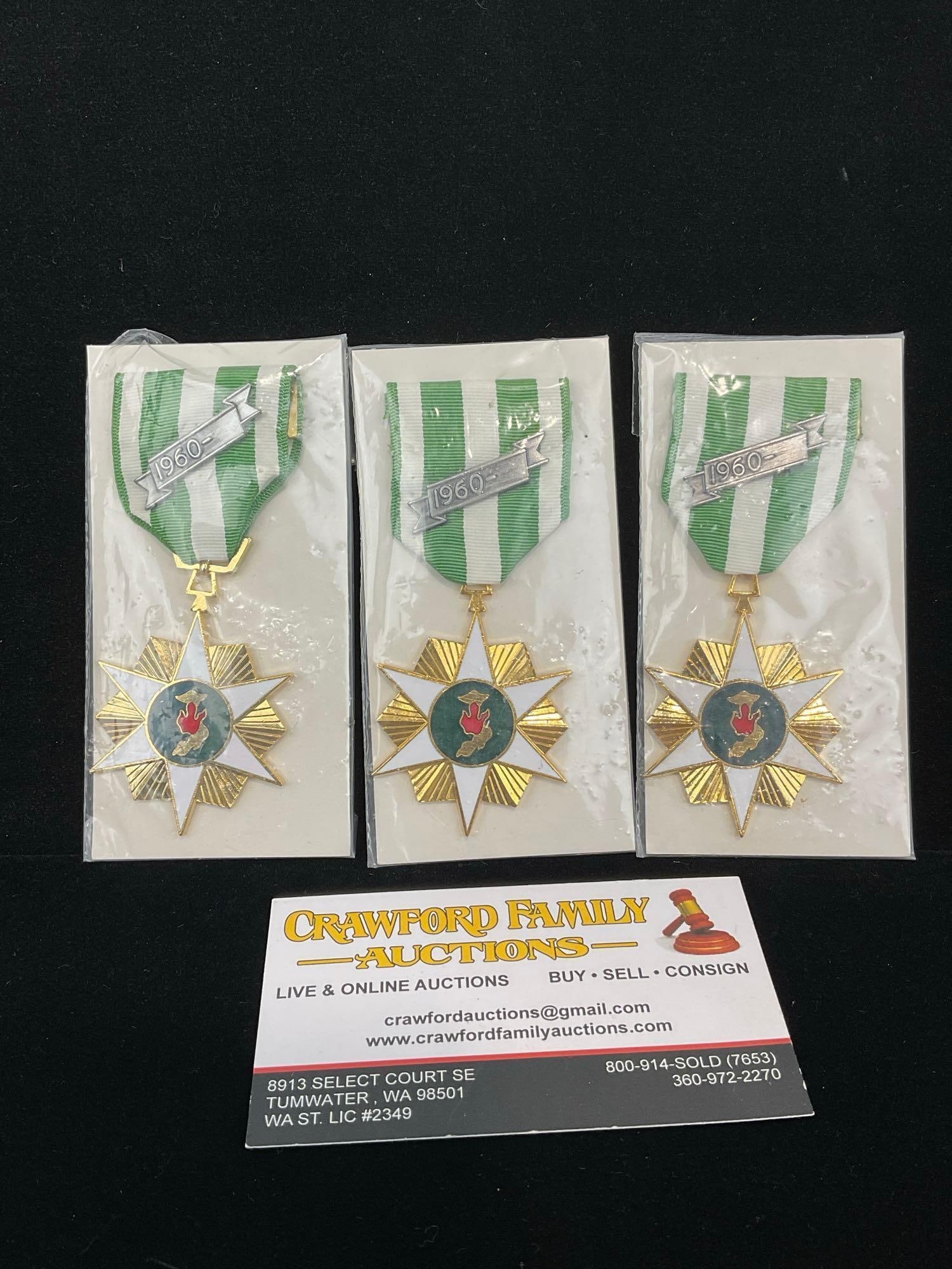 3 Republic of Vietnam (South Vietnam) Campaign Medals, Green/White Ribbon, Brass & Enamel: All from a single collection, these are briefly described on the tag and were kept in a display. They measure approx 6h x 3w x 2d inches. See pics. E-5300 