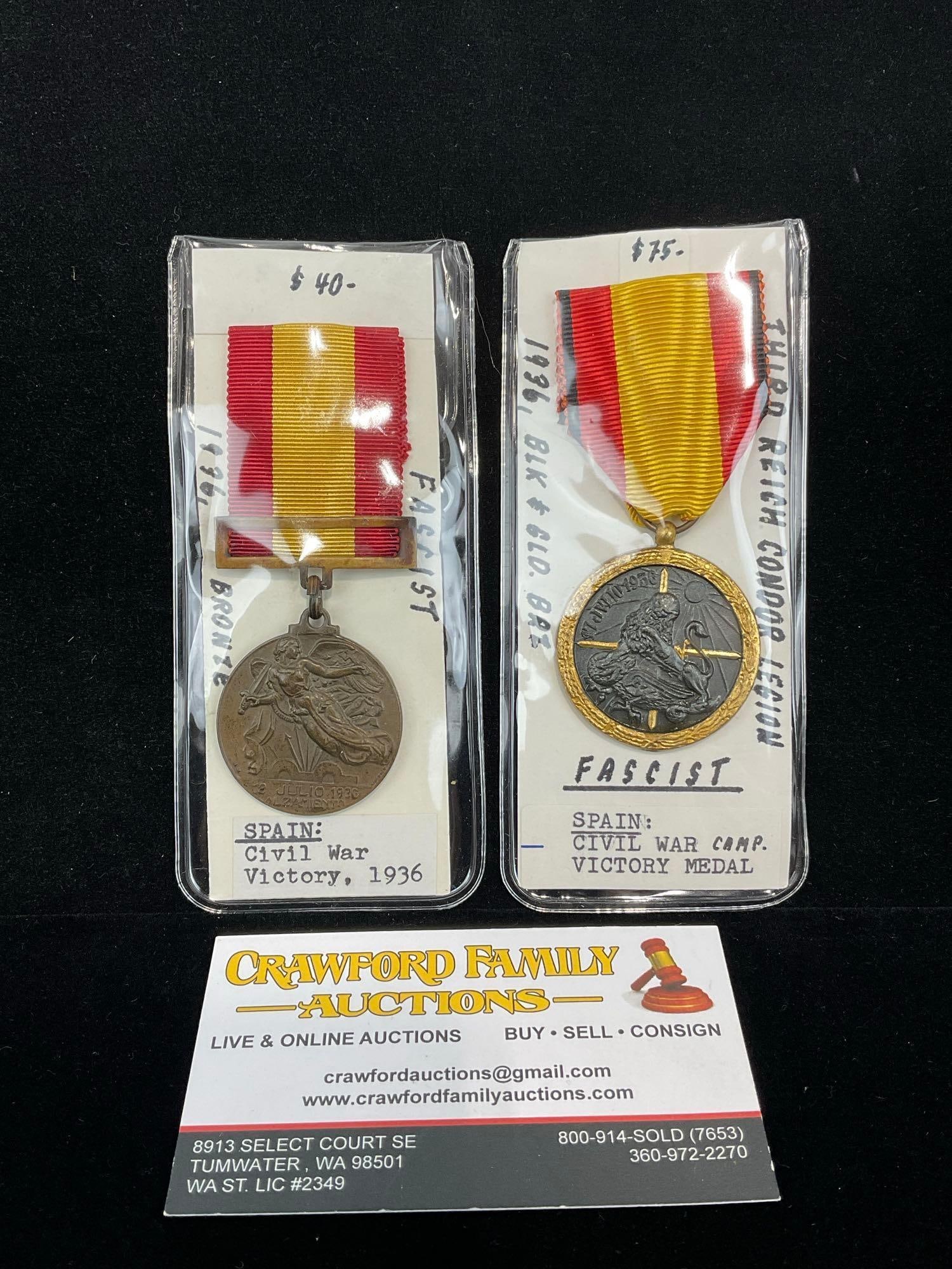 Pair of Spain Fascist Civil War Victory Medals, 1936 Bronze & Black & Gilt Bronze Condor Legion: All from a single collection, these are briefly described on the tag and were kept in a display. They measure approx 6h x 3w x 2d inches. See pics. E-5300 