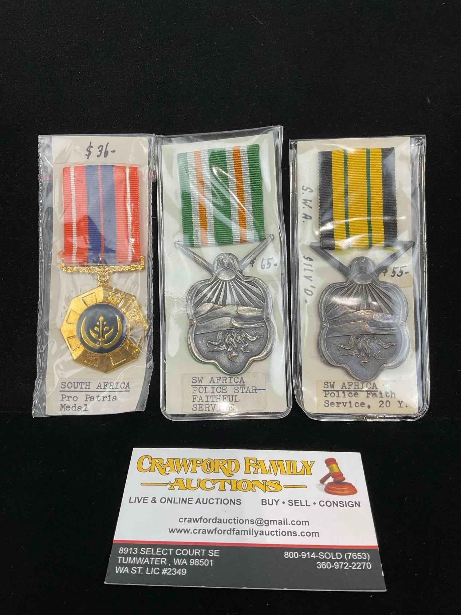 3 South African Medals, Pro Patria, 2x Police Star Faithful Service, 1 for 20 Years: All from a single collection, these are briefly described on the tag and were kept in a display. They measure approx 6h x 3w x 2d inches. See pics. E-5300 