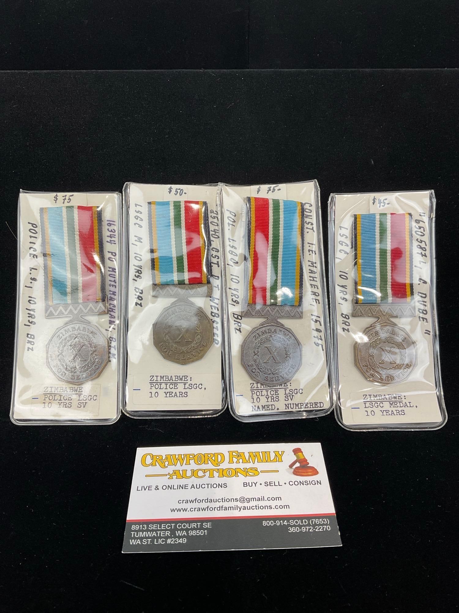 4 Zimbabwean Medals, All Police Long Service Good Conduct 10 Years, Bronze, w/Colorful Ribbon (1 of 5)