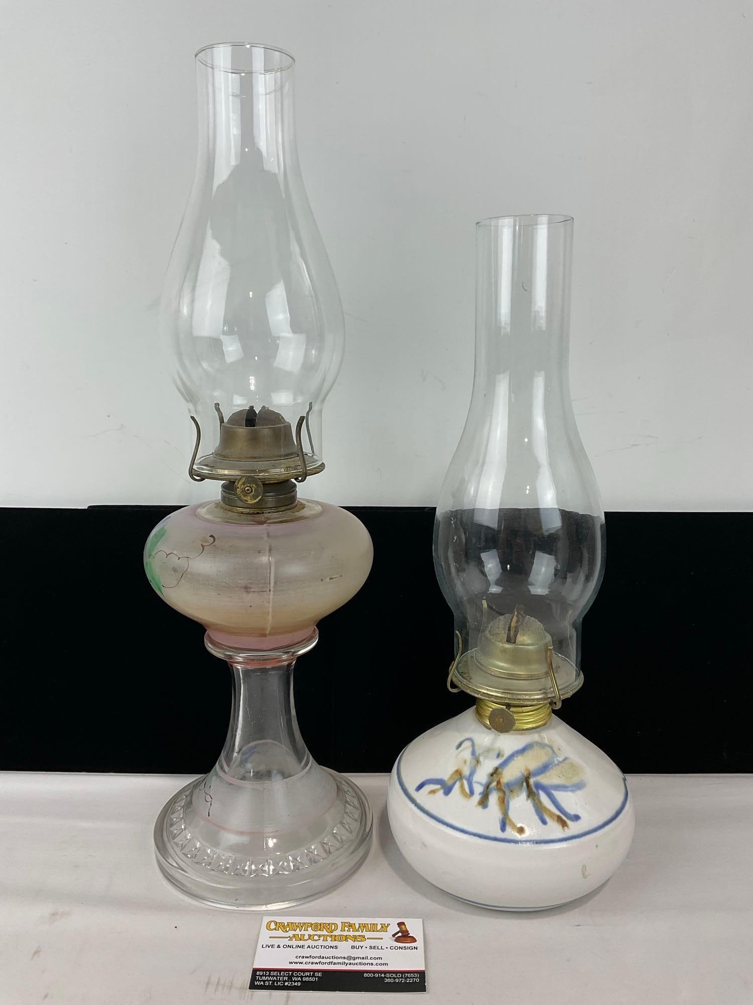 Pair of Vintage Kerosene Lamps, Stoneware & Glass Lamps, 14h x 8w x 4d inches (1 of 5)