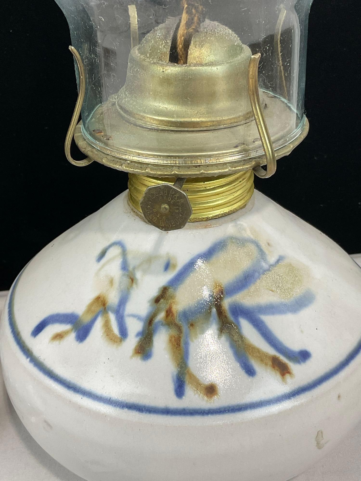 Pair of Vintage Kerosene Lamps, Stoneware & Glass Lamps, 14h x 8w x 4d inches - 2