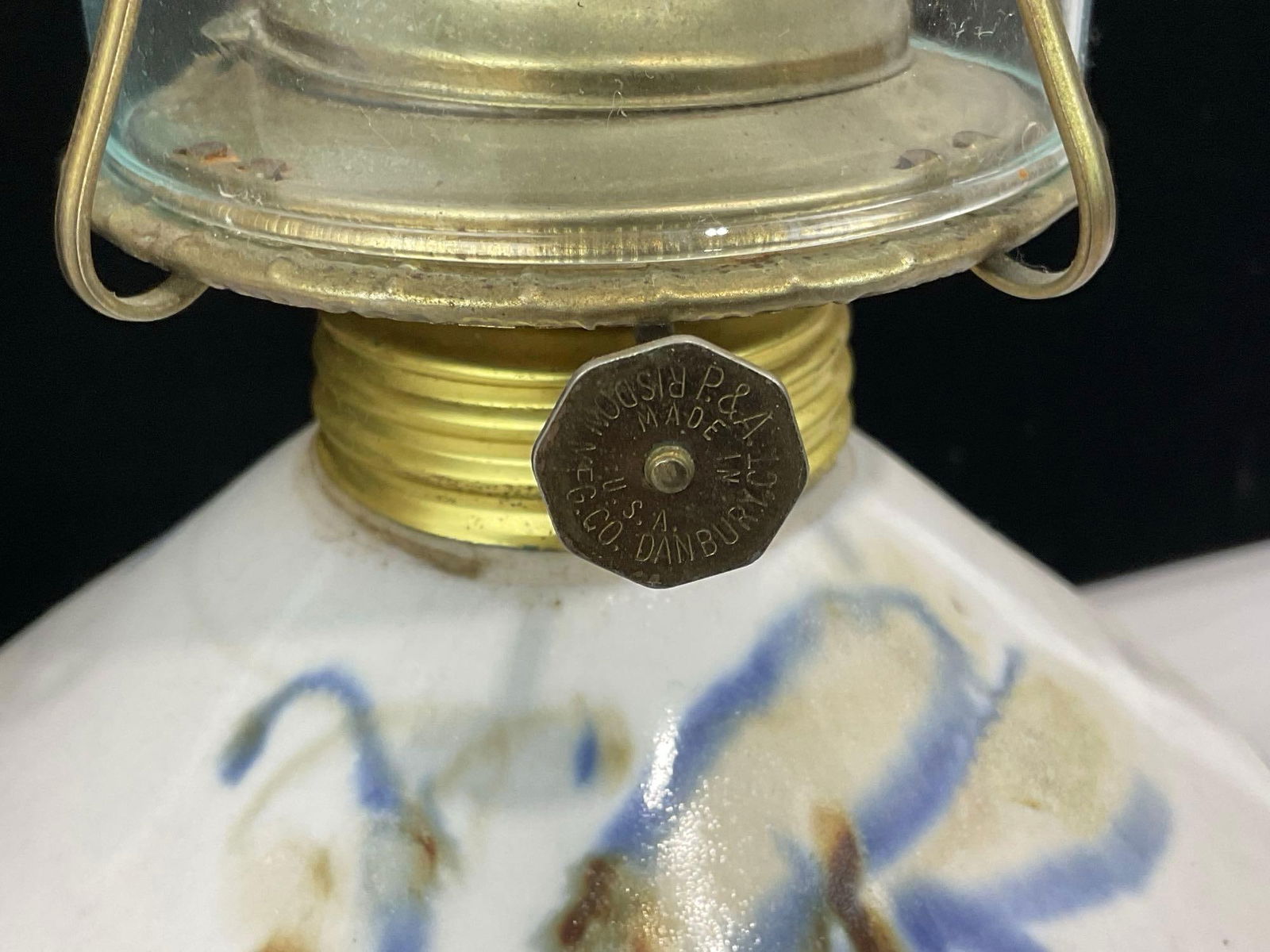 Pair of Vintage Kerosene Lamps, Stoneware & Glass Lamps, 14h x 8w x 4d inches - 3