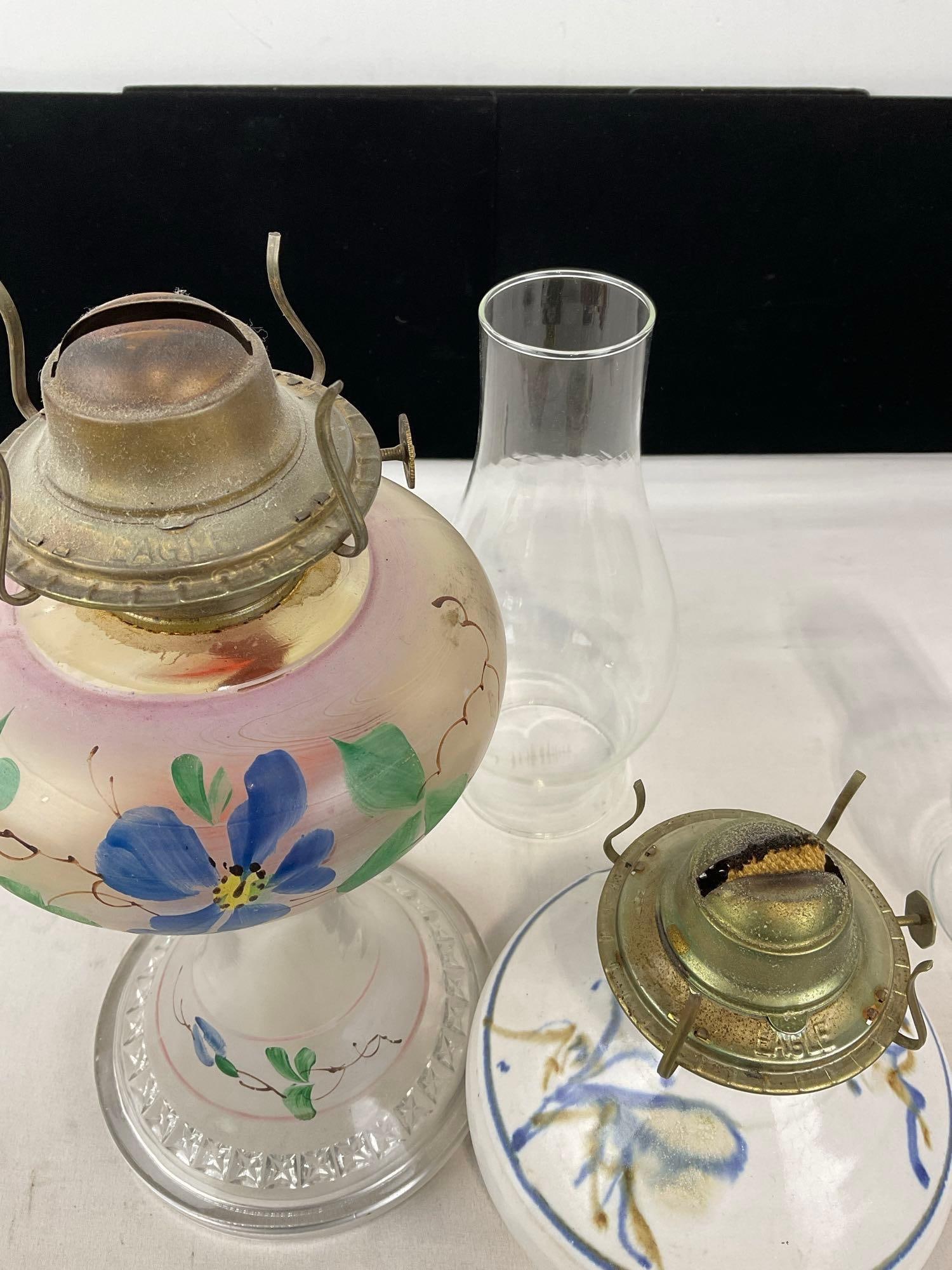 Pair of Vintage Kerosene Lamps, Stoneware & Glass Lamps, 14h x 8w x 4d inches - 5