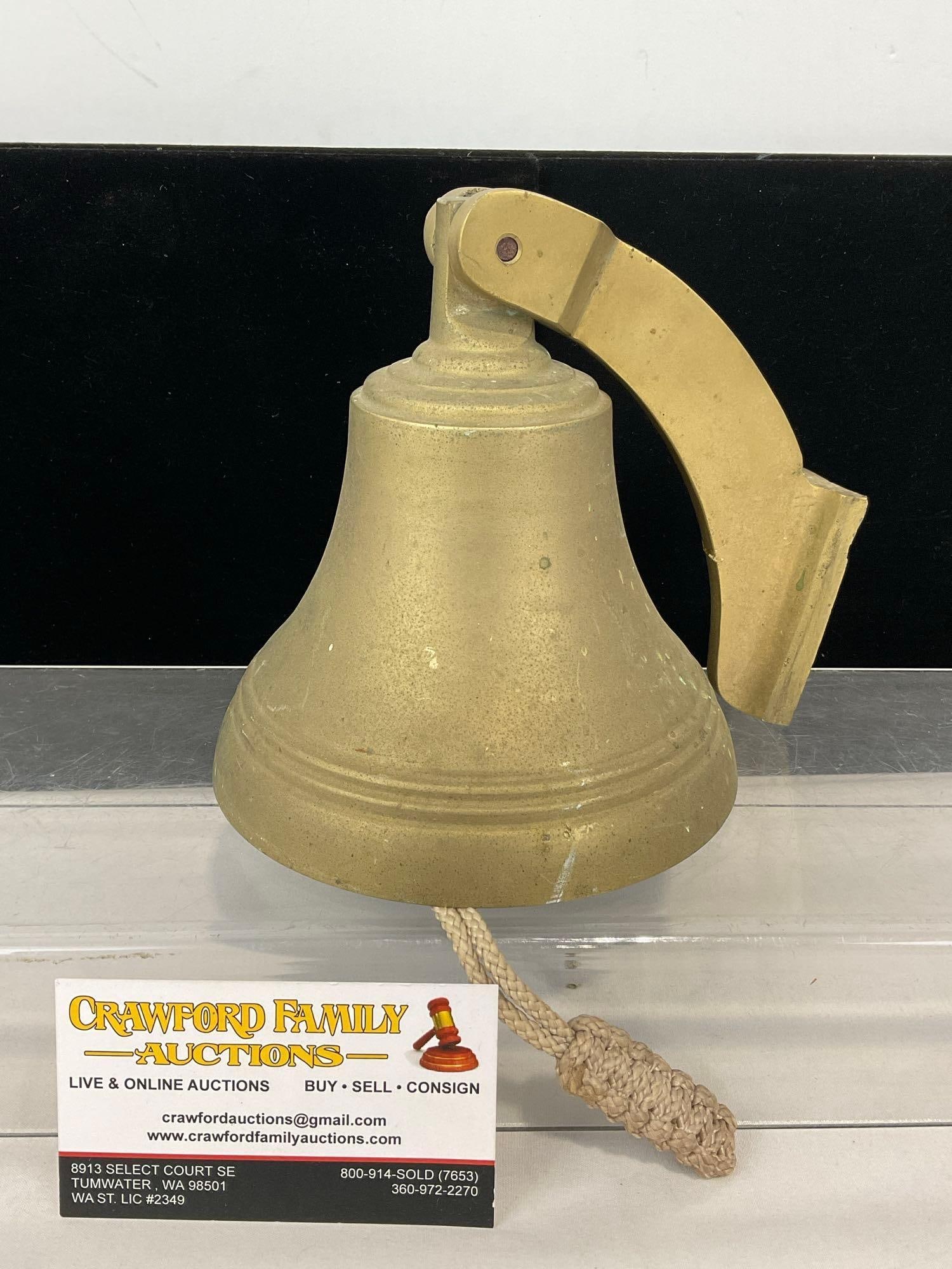 Vintage Cast Brass Ships Bell, Knotted Pull, Wall Mount, 7h x 7w x 6d inches (1 of 4)