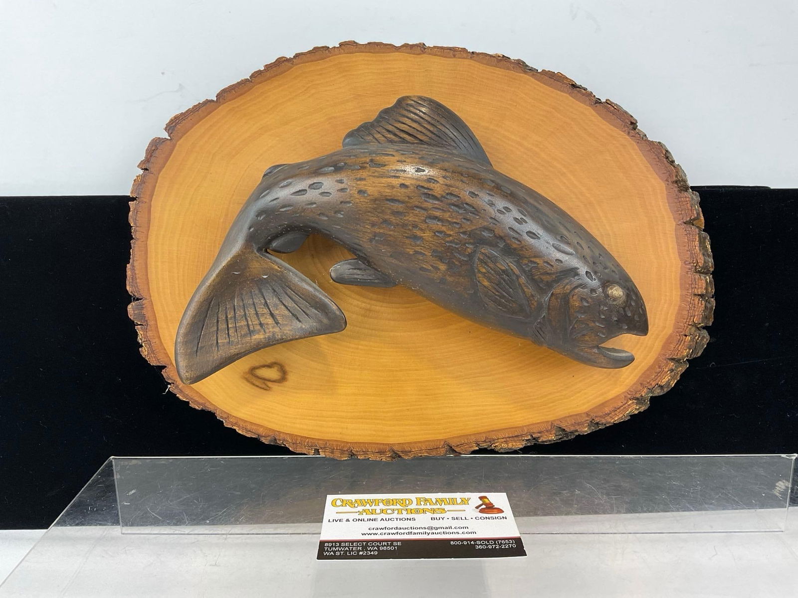 Vintage Hand Carved Fish Figure on Oval Log Round, 10h x 14w x 4d inches (1 of 3)