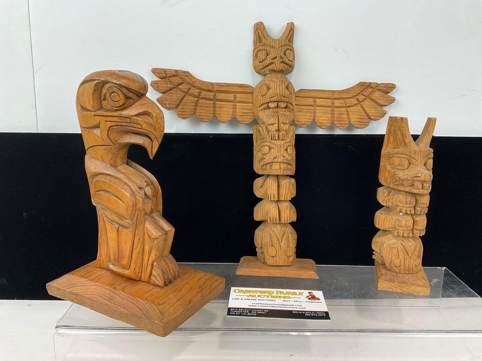 3 Native American Wooden Carvings, by Stacey Raur, 2x Totem Poles, & Bird Figure (1 of 3)
