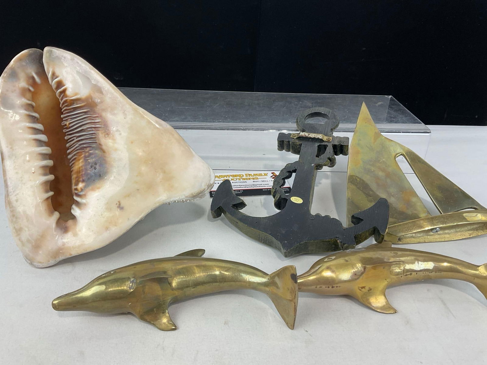 3 Brass Nautical Decor pieces, pair of Dolphins & Sailing Ship, Composite Anchor & Conch Shell - 2