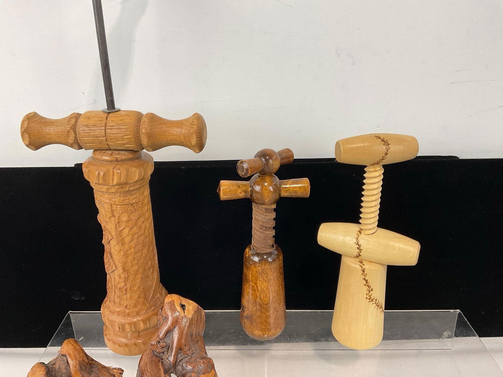 4 Corkscrews, 3 French Style Hand-Turned Wooden Corkscrews & 1 w/Burlwood Handle - 3