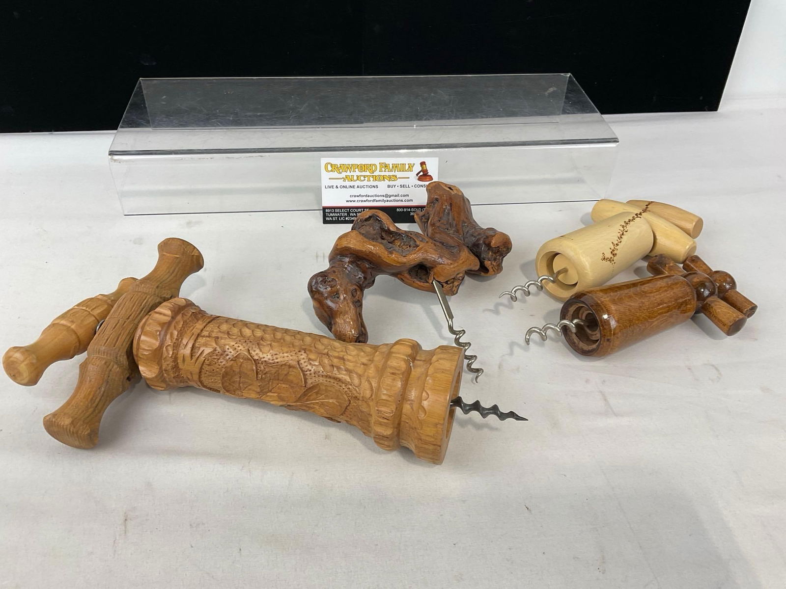4 Corkscrews, 3 French Style Hand-Turned Wooden Corkscrews & 1 w/Burlwood Handle - 4
