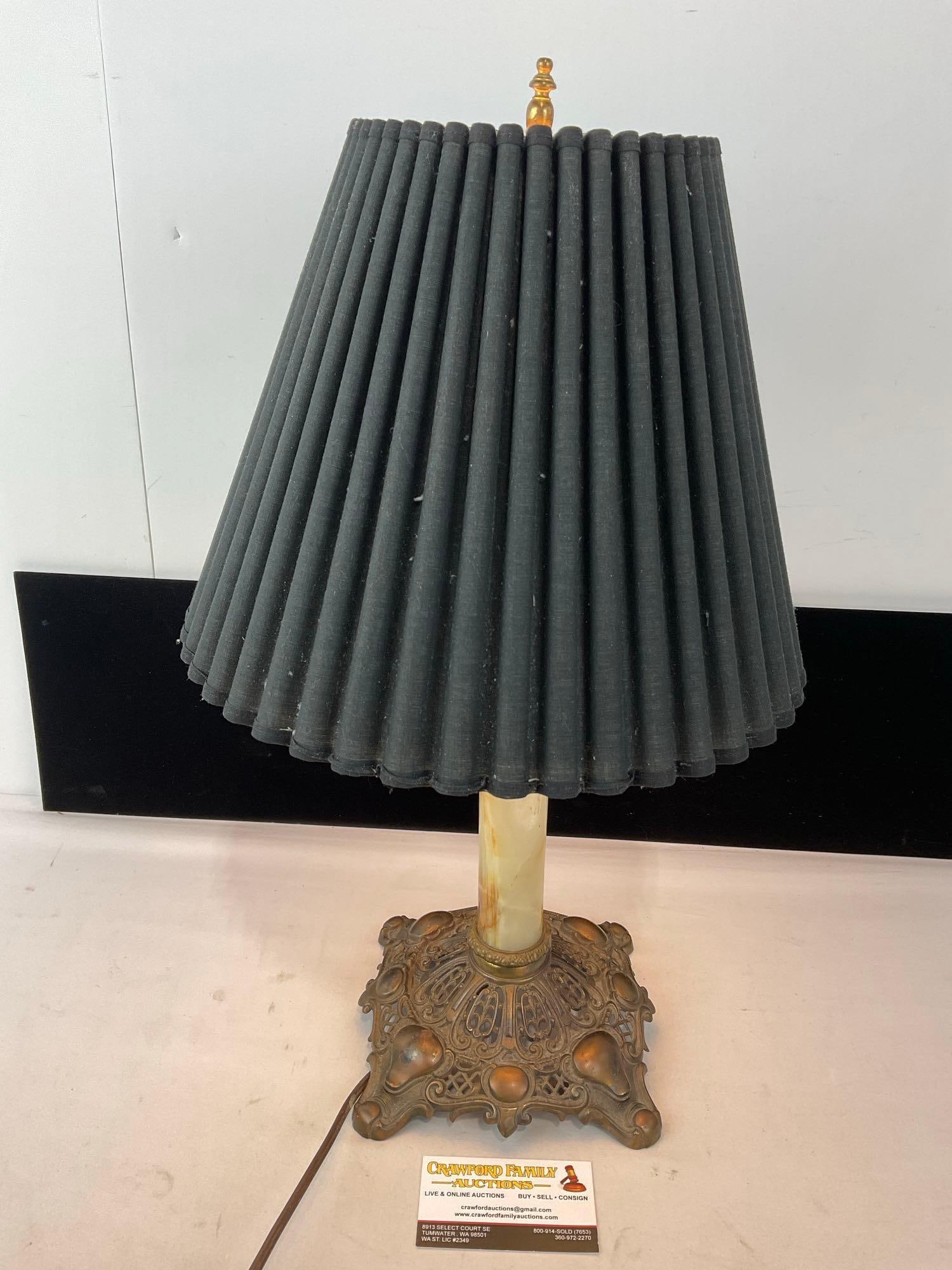Antique Electrified Lamp, Cast Bronze Base, Green Onyx Stem, Black Shade, tested & working, 21x12...: Appears to be in fair to good shape, tested & working, shows some age. The piece measures approx 21h x 12w x 12d inches. See pics. E-5360