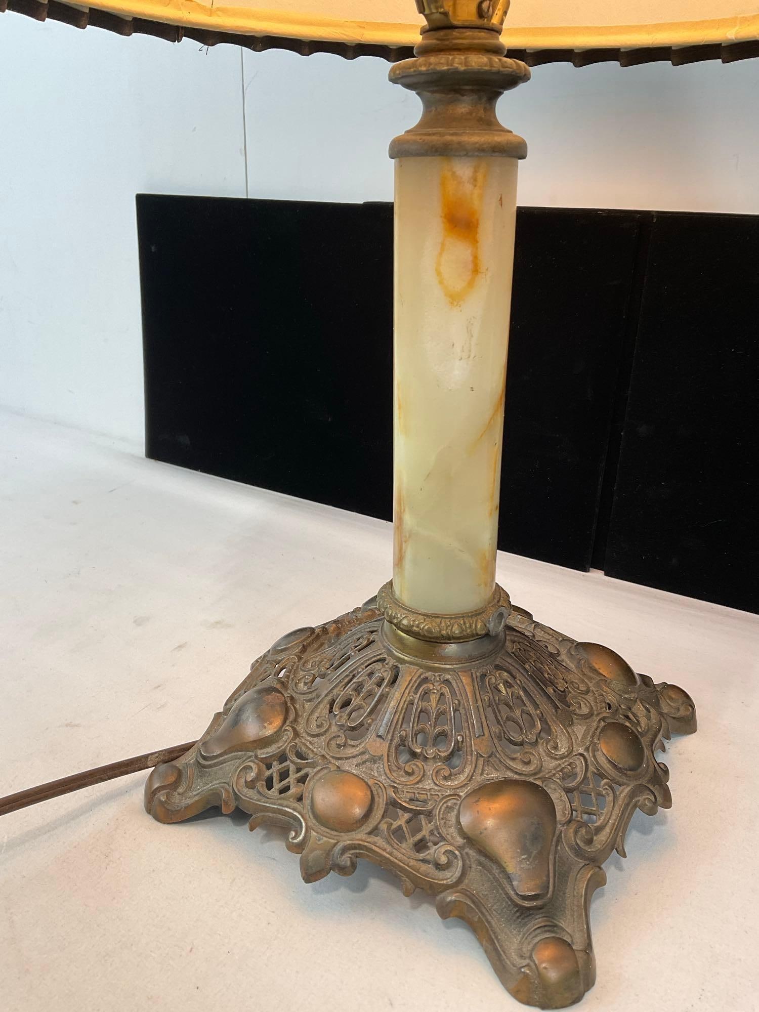 Antique Electrified Lamp, Cast Bronze Base, Green Onyx Stem, Black Shade, tested & working, 21x12... - 2