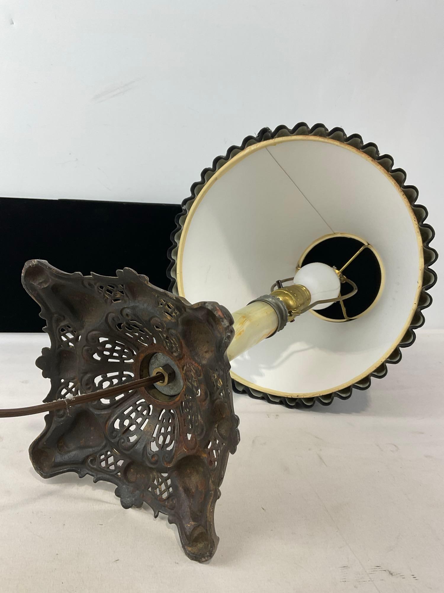 Antique Electrified Lamp, Cast Bronze Base, Green Onyx Stem, Black Shade, tested & working, 21x12... - 4