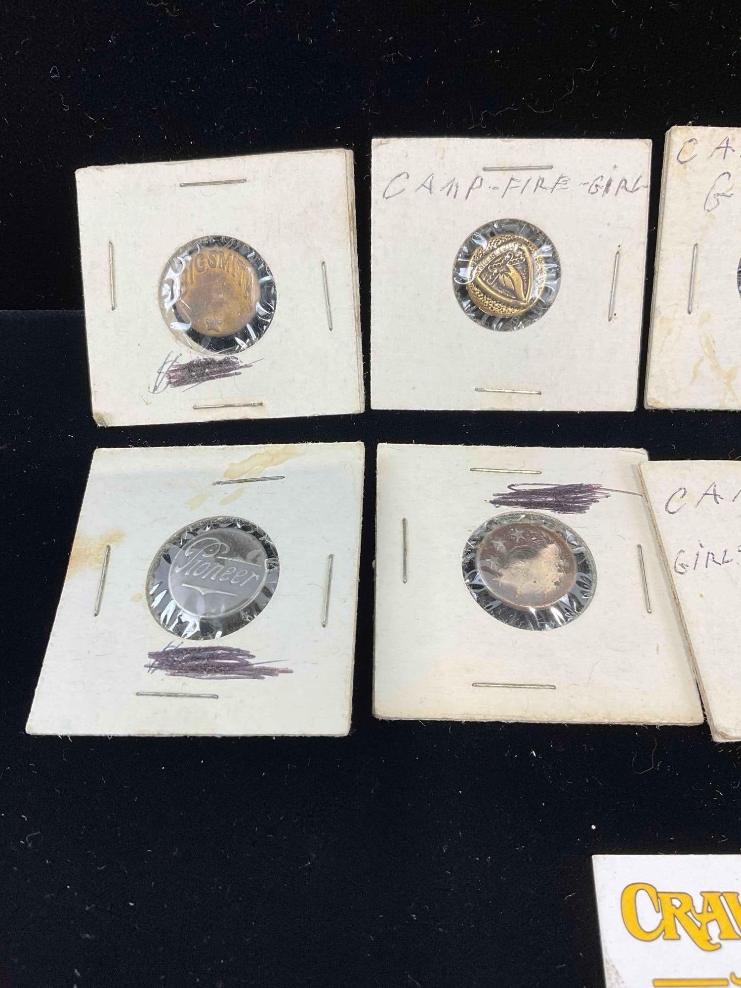 10 pcs Vintage Metal Button Collection, incl. Camp Fire Girl, Pioneer, Big Smith & More! See pics. - 2