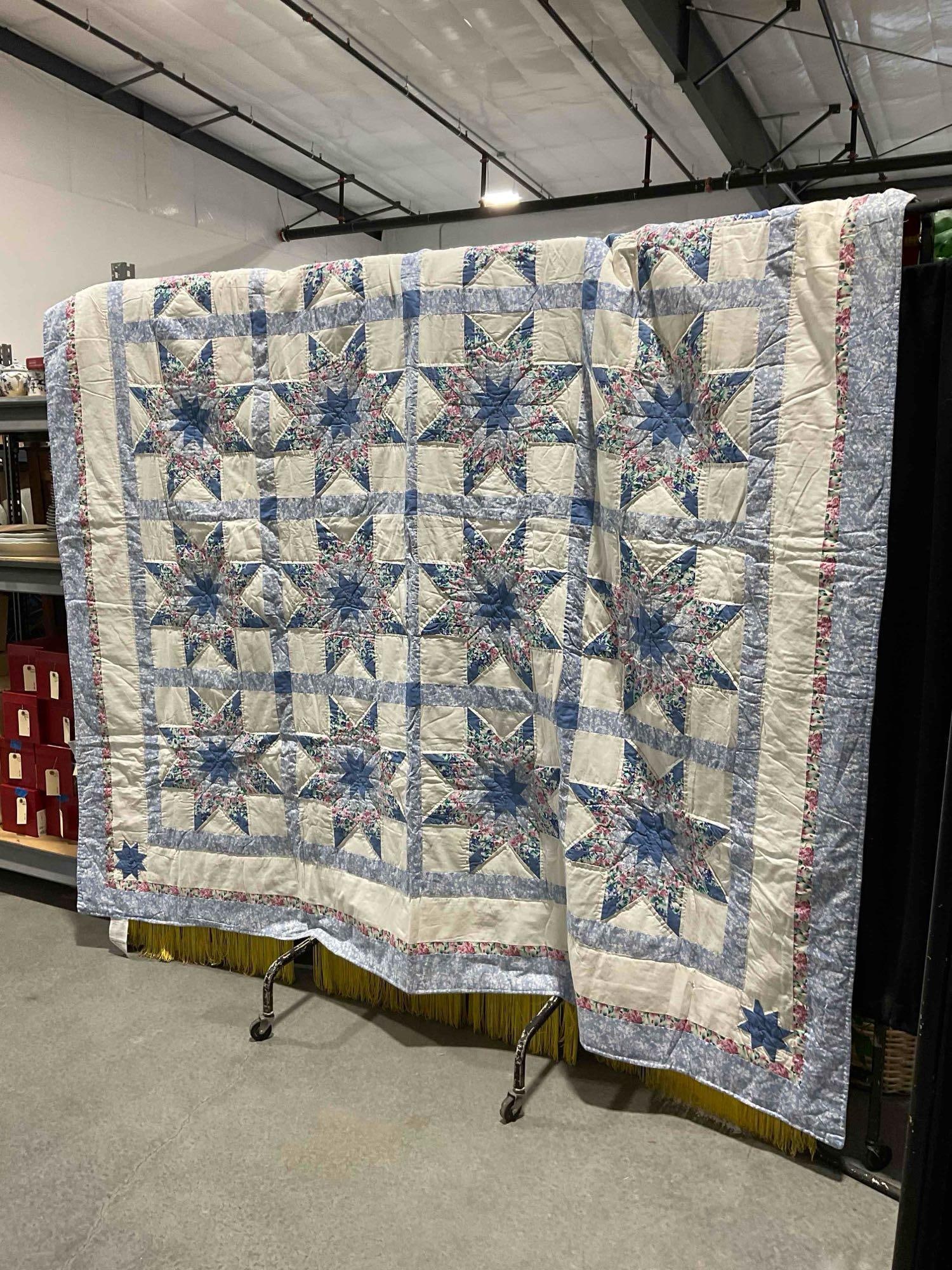 Vintage Arch Quilts 86" x 86" Cotton Mix Quilted Blanket w/ Blue & White Star Pattern. See pics. - 2