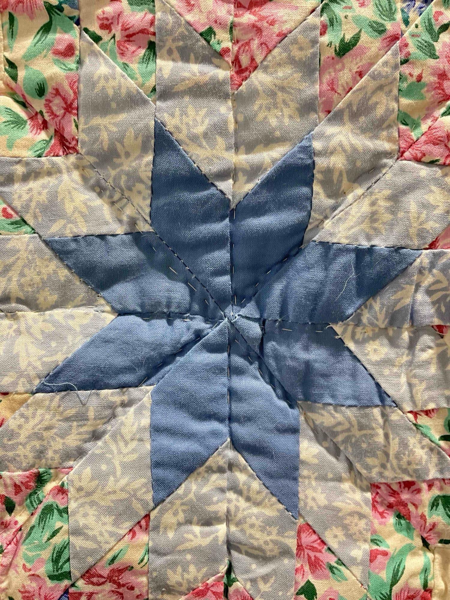 Vintage Arch Quilts 86" x 86" Cotton Mix Quilted Blanket w/ Blue & White Star Pattern. See pics. - 7