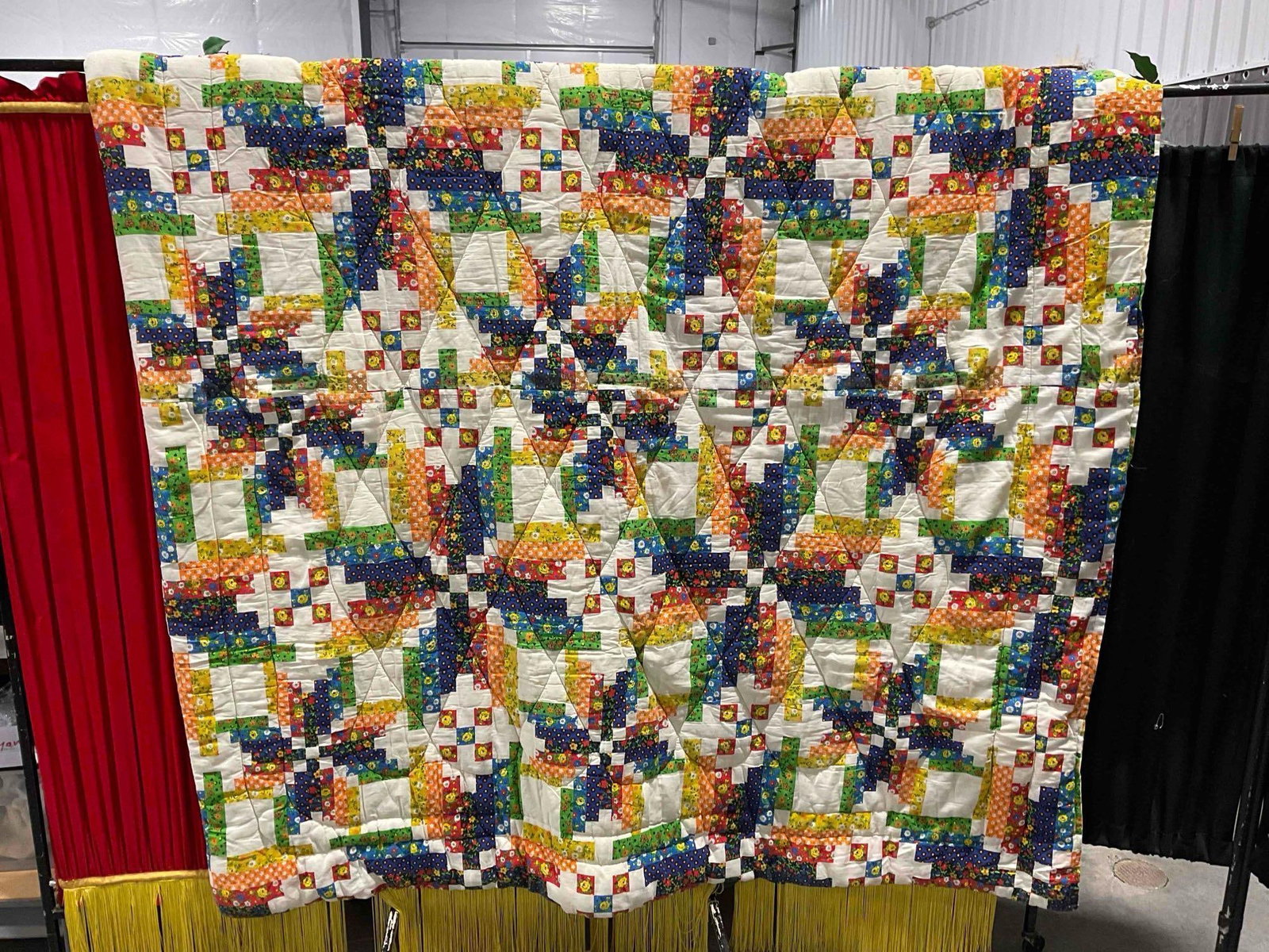 Vintage Colorful Rainbow Whole Printed Cloth Hand Quilted Blanket Bedspread. Very Good Cond. (1 of 6)
