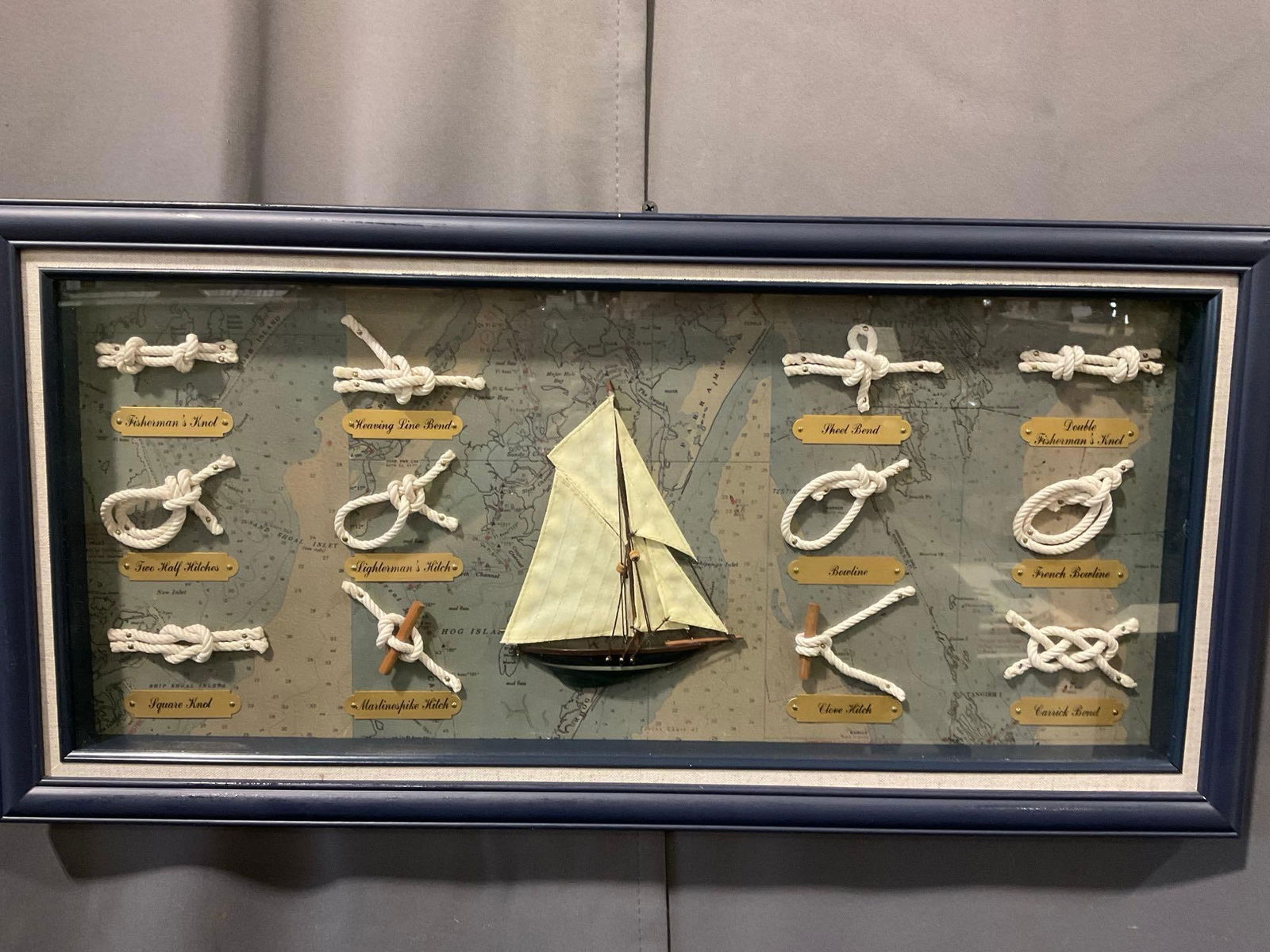 Framed Shadowbox w/ Sailors Knots & Miniature Ship, 13h x 25w x 4d inches (1 of 6)