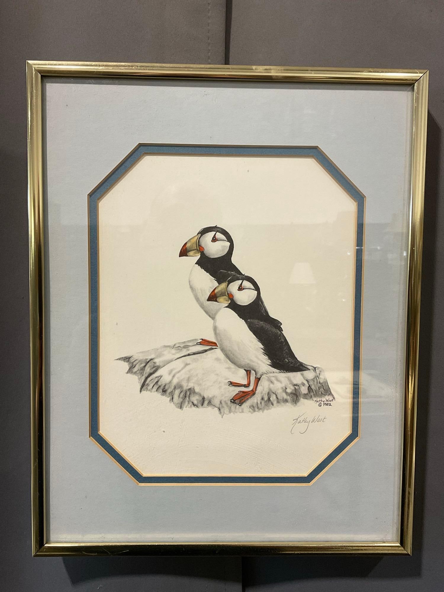 Framed signed lithograph of puffins by Kathy West, 1982, 15 x 12 inches (1 of 4)