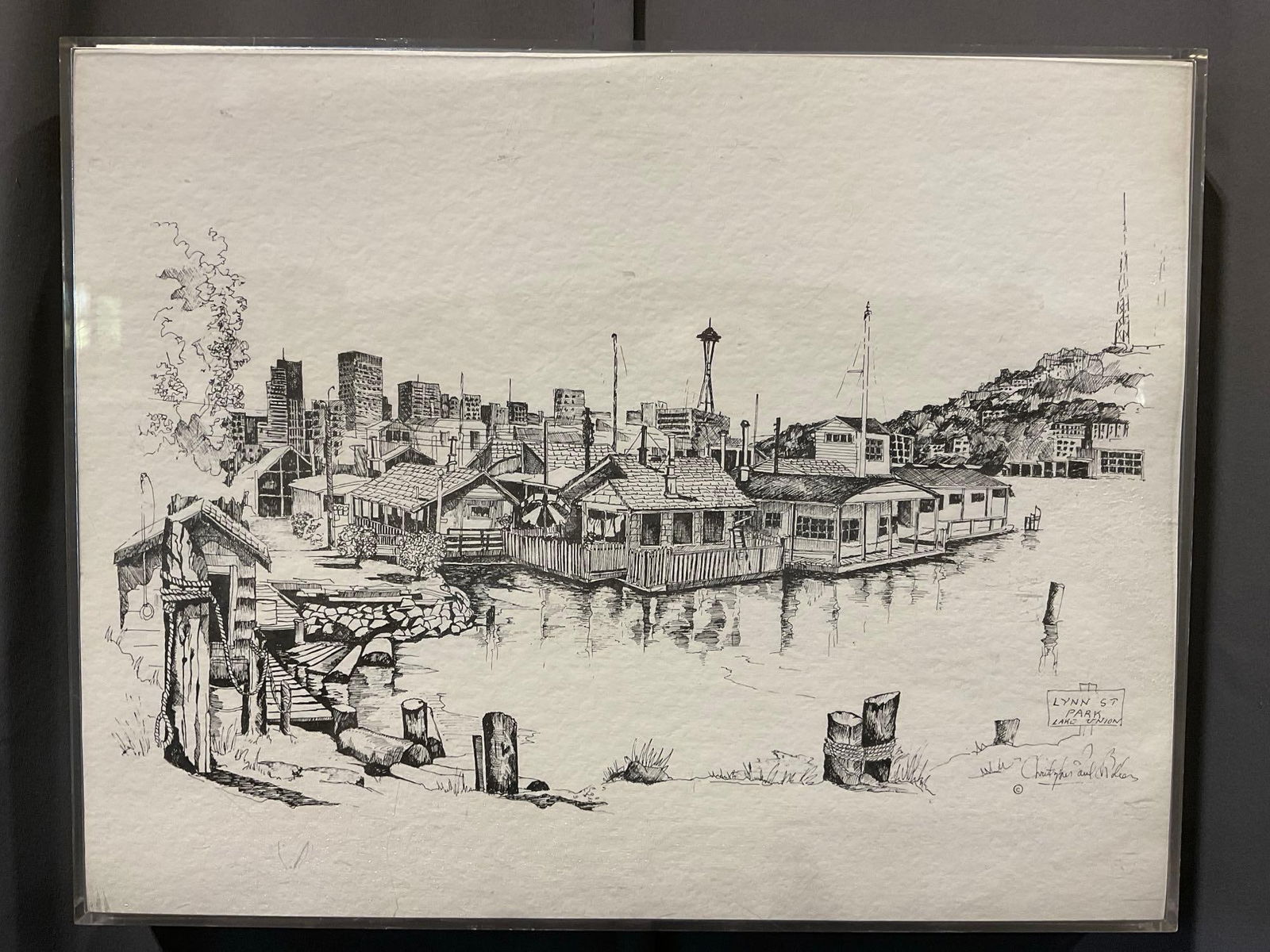 Acrylic Framed Signed Pen Drawing, Lynn St Park Lake Union in Seattle, 12h x 15w x 3d inches: Appears to be in good condition. Measures approximately 12 x 15 x 3 inches. See pics. E-4880