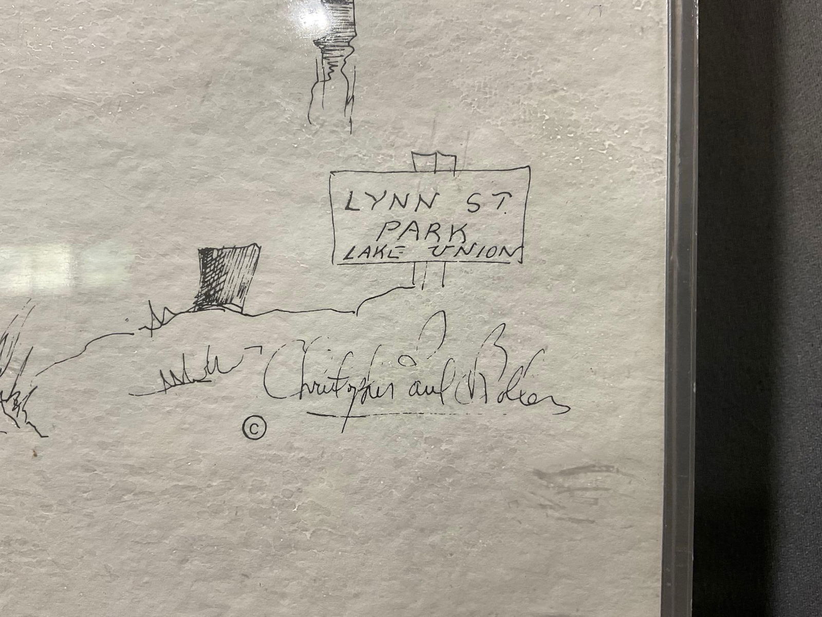 Acrylic Framed Signed Pen Drawing, Lynn St Park Lake Union in Seattle, 12h x 15w x 3d inches - 2