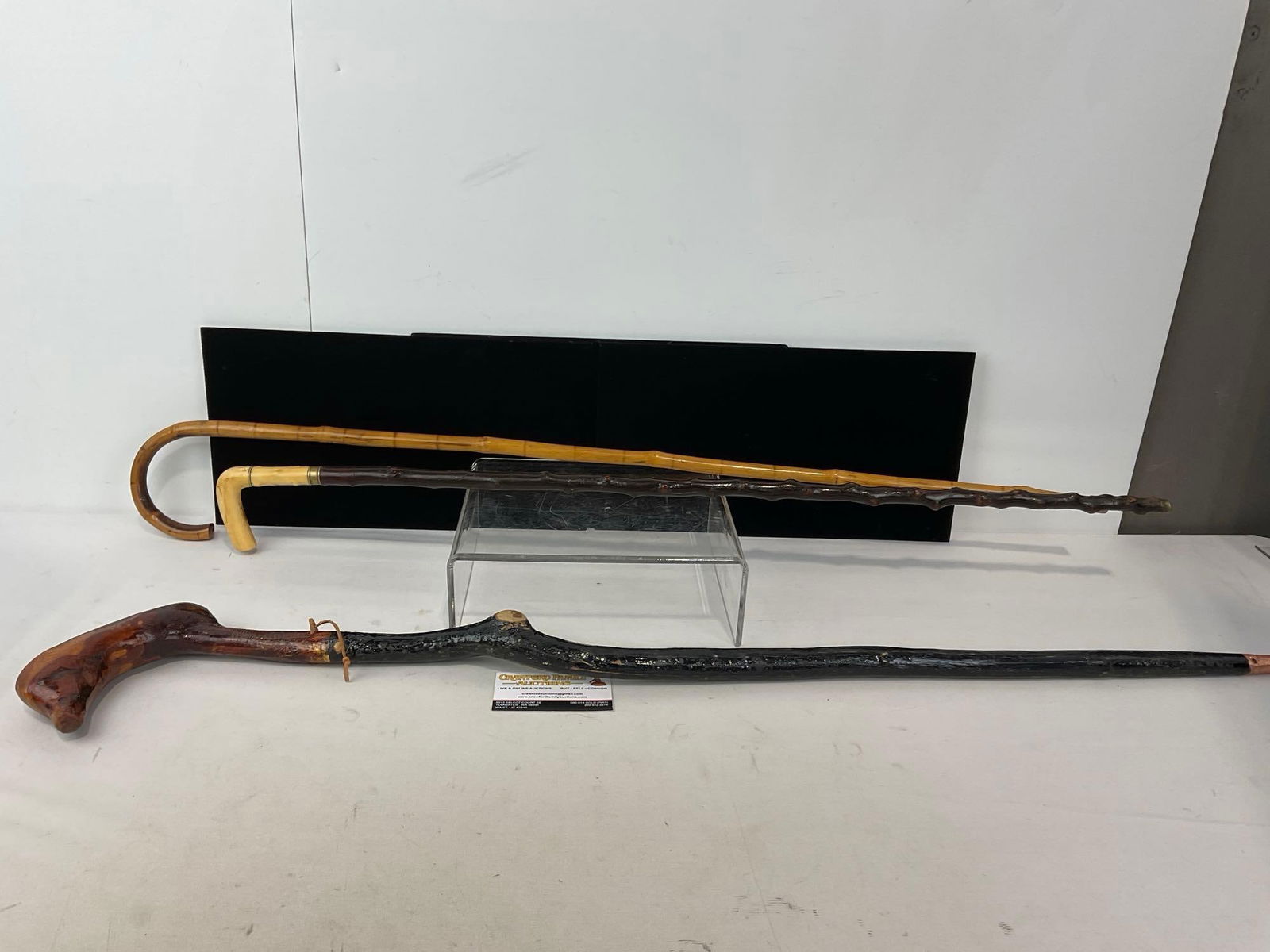 3 Canes, Wooden w/ Burl Handle, Knobby Blackthorn(?) w/ Resin Handle, & Reed/Cane style Cane (1 of 5)