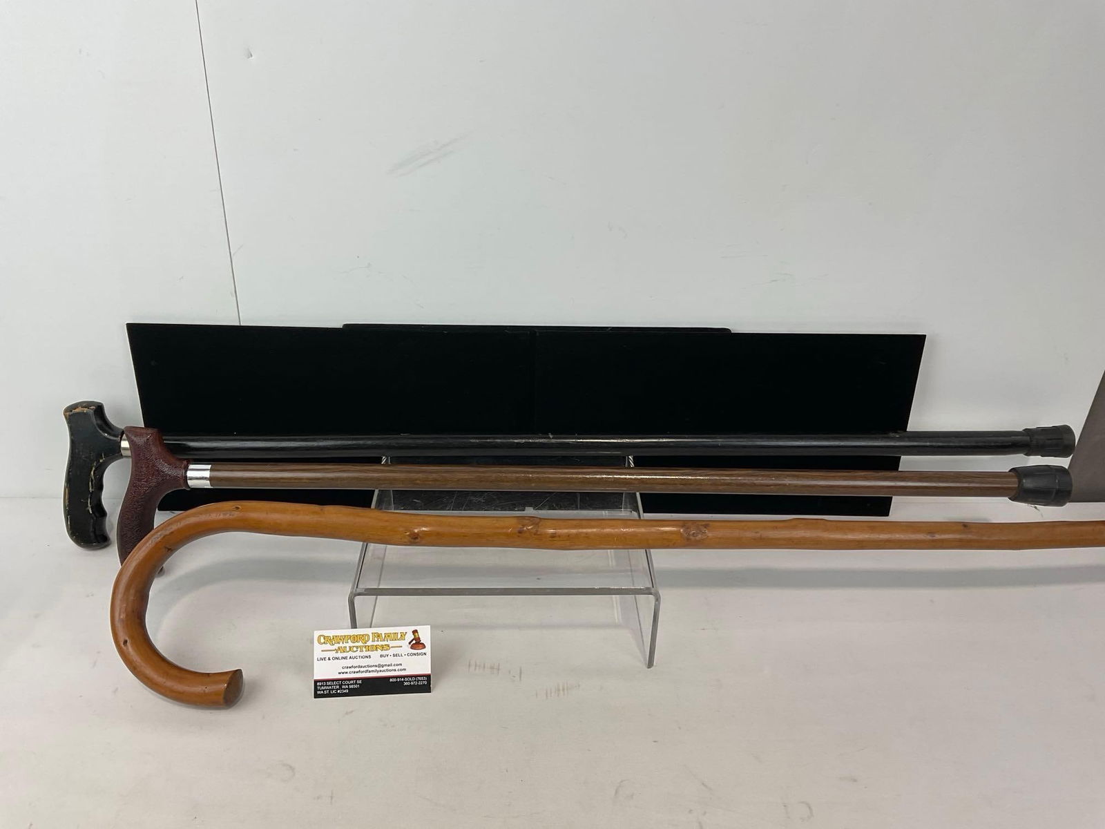 Set of 3 Canes, Curved Wood, 2 w/ Horn Shaped Handles, approx 38h x 7w x 4d inches (1 of 3)