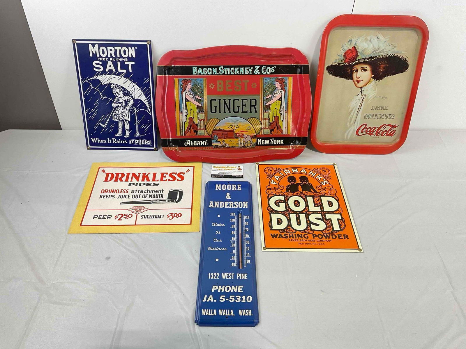 6 pcs Vintage Signs, incl. Replica Metal "Bacon, Stickney & Co's Best Ginger Sign" & More! See pi... (1 of 9)